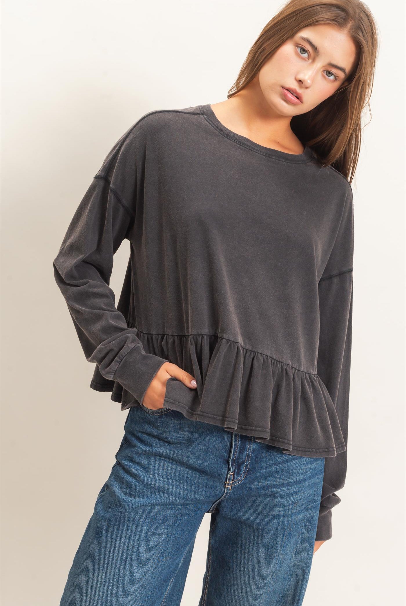 Wholesale Peplum Long Sleeve Top Clothing Tops DZ26F397 BLACK DOUBLE ZERO