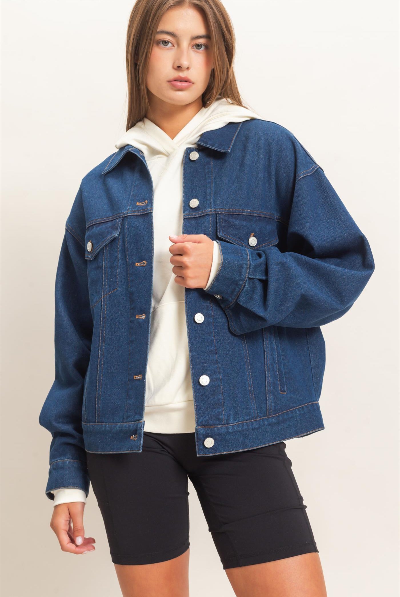Wholesale Oversized Denim Trucker Jacket Coats & Jackets DZ26E804 DARK BLUE DOUBLE ZERO