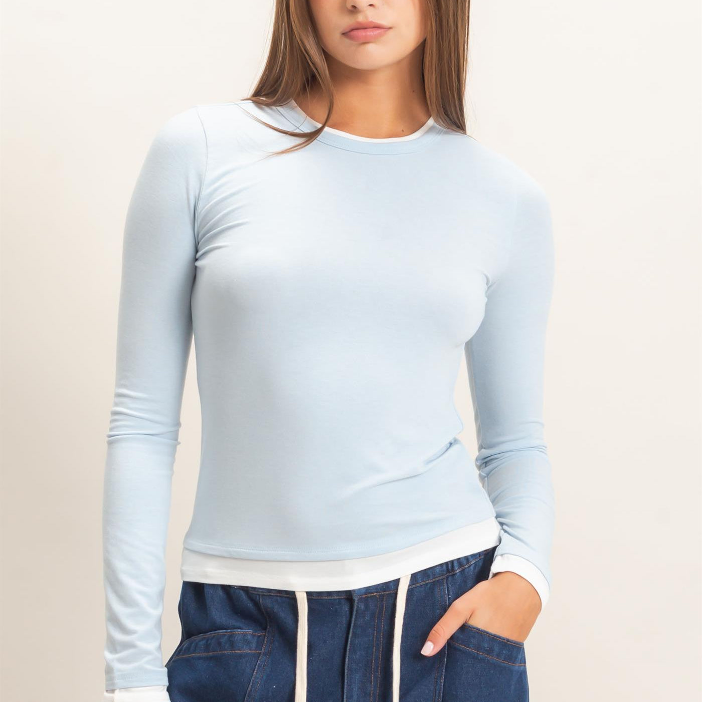 Wholesale Layered Effect Long Sleeve Top Clothing Tops DZ26F341 ICE BLUE DOUBLE ZERO