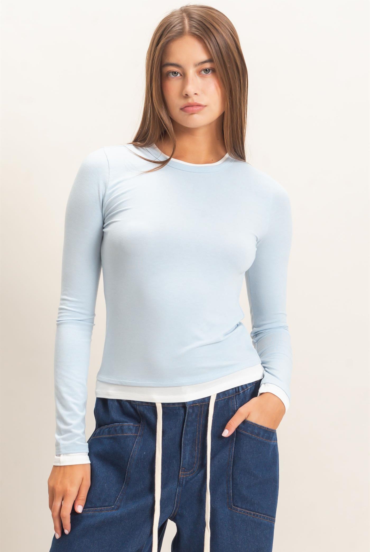 Wholesale Layered Effect Long Sleeve Top Clothing Tops DZ26F341 ICE BLUE DOUBLE ZERO