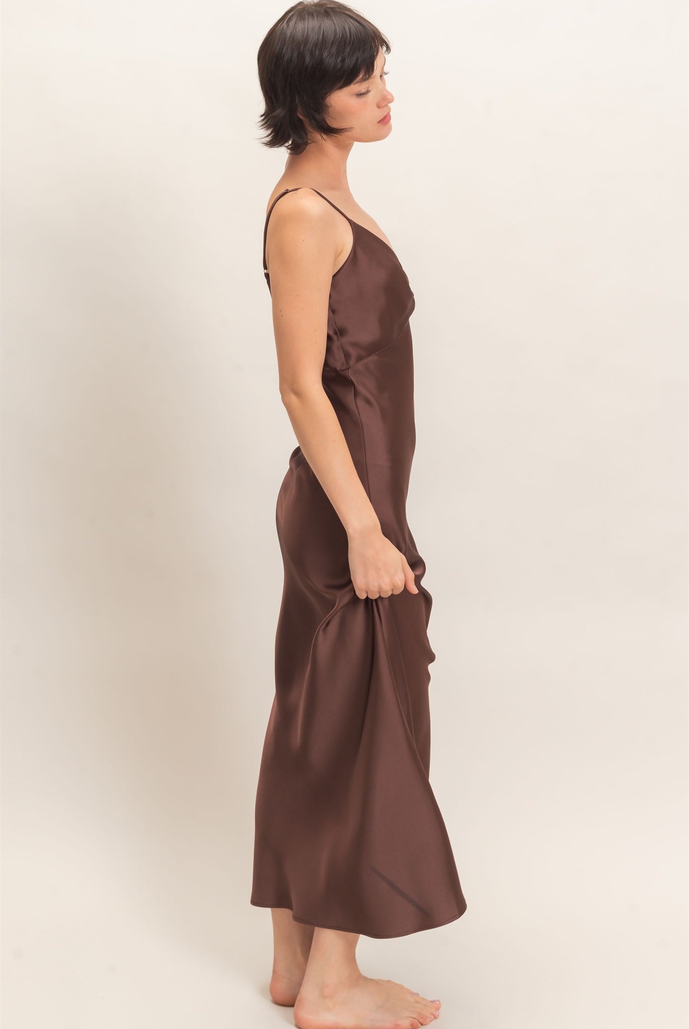 Wholesale Satin Slip Dress With Spaghetti Straps Dresses DZ26E380 DARK BROWN DOUBLE ZERO