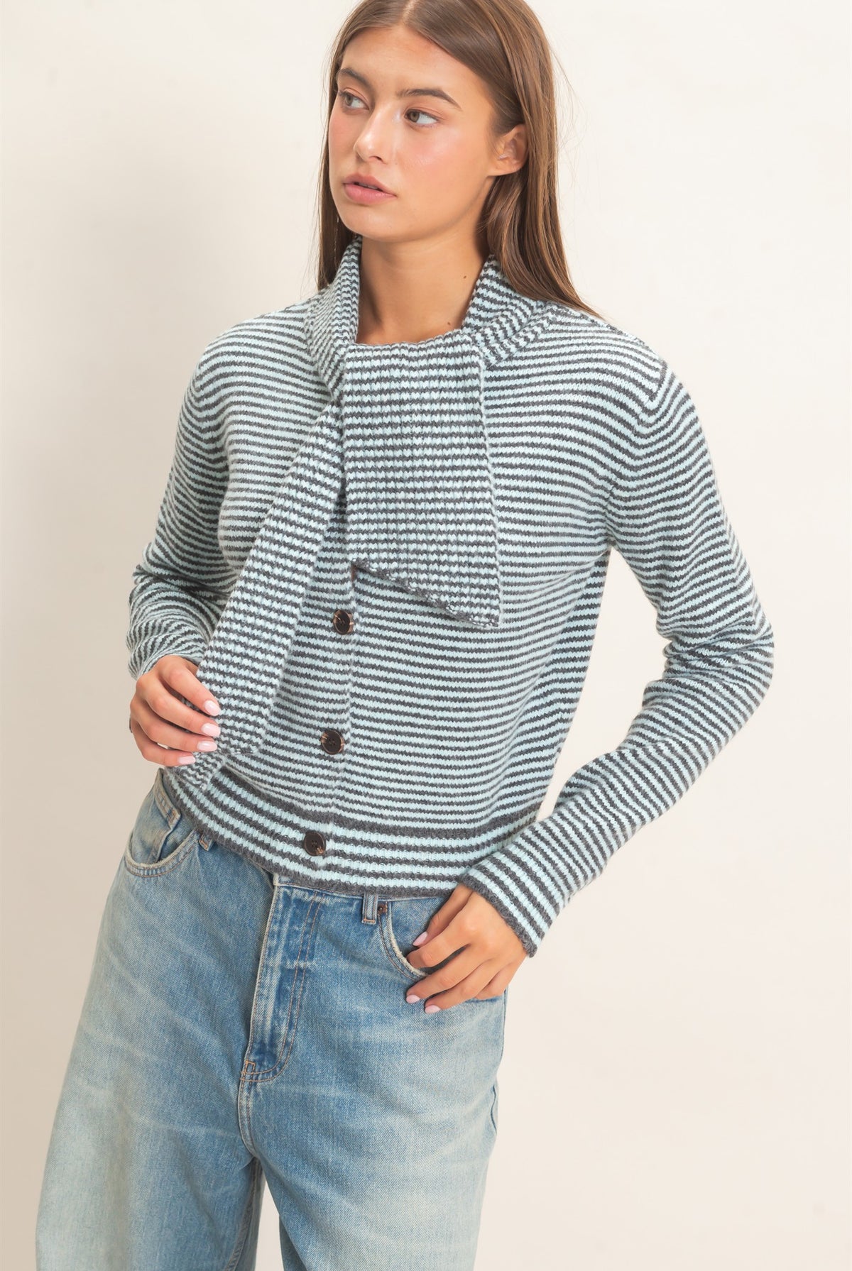 Wholesale Striped Cardigan With Scarf Cardigans DZ26E930 ICE BLUE DOUBLE ZERO