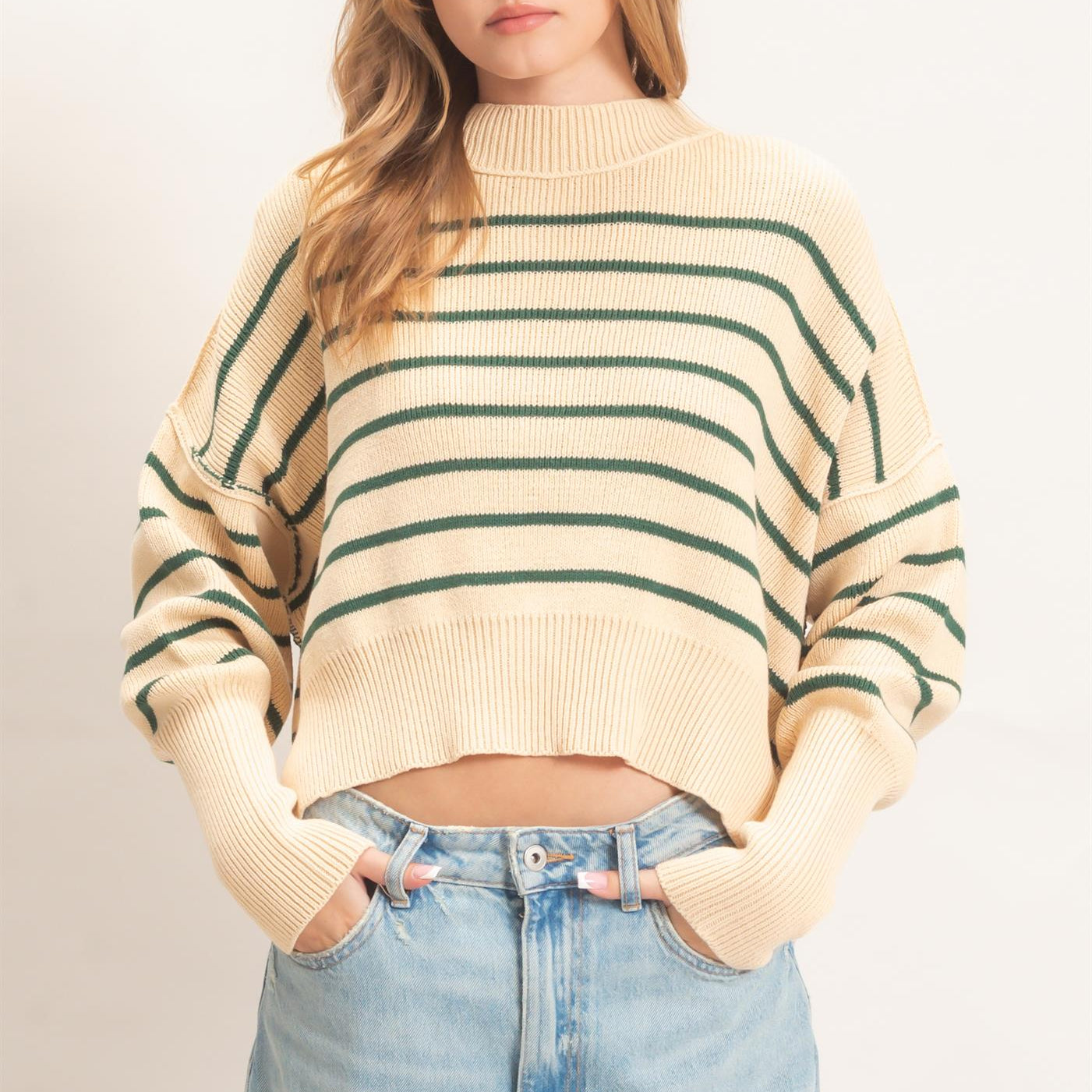 Wholesale Striped Mock Neck Cropped Sweater Sweaters HF26F192 GREEN HYFVE