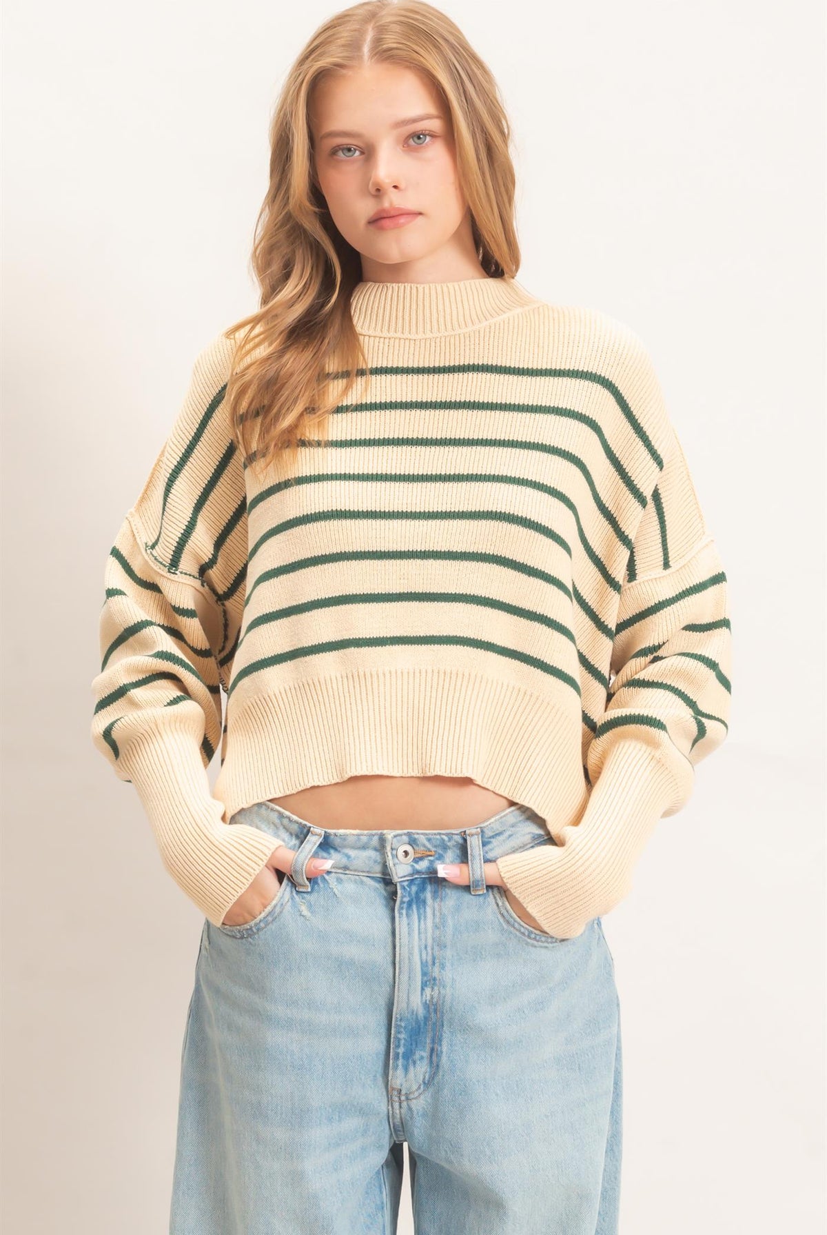 Wholesale Striped Mock Neck Cropped Sweater Sweaters HF26F192 GREEN HYFVE