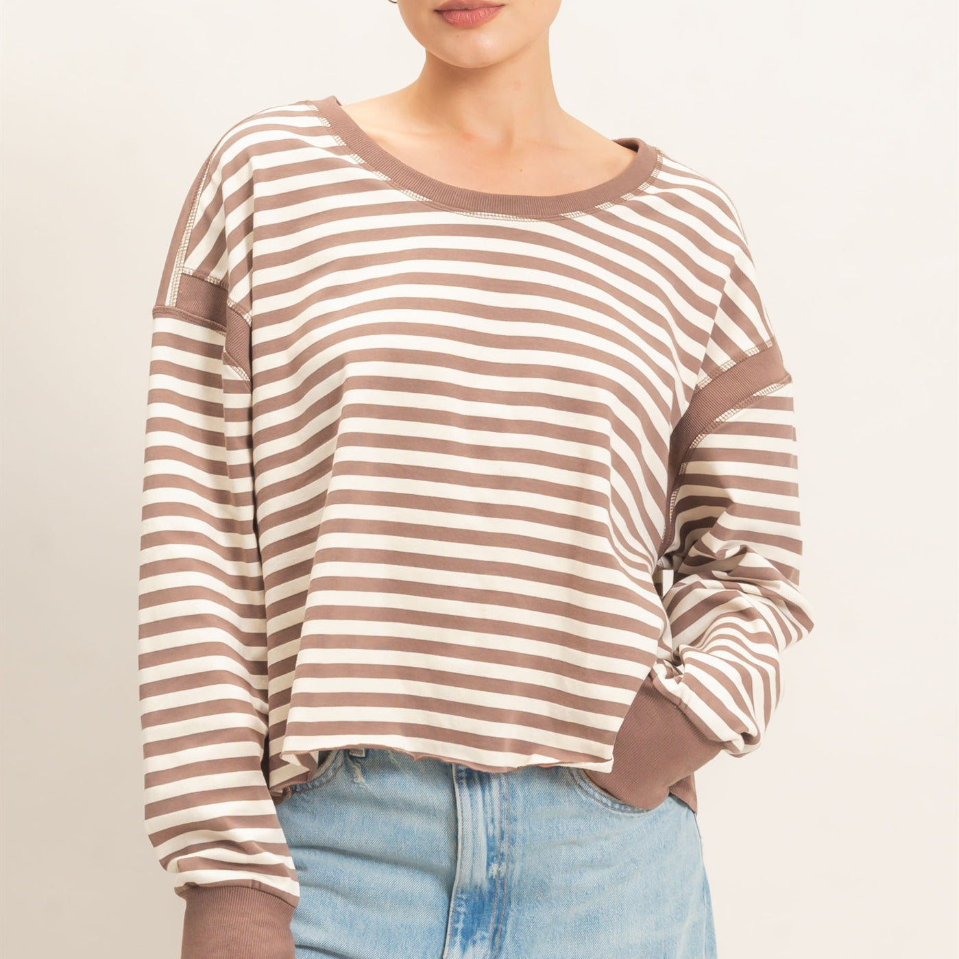 Wholesale Striped Long Sleeve Top Clothing Tops HF26C908-D MOCHA HYFVE
