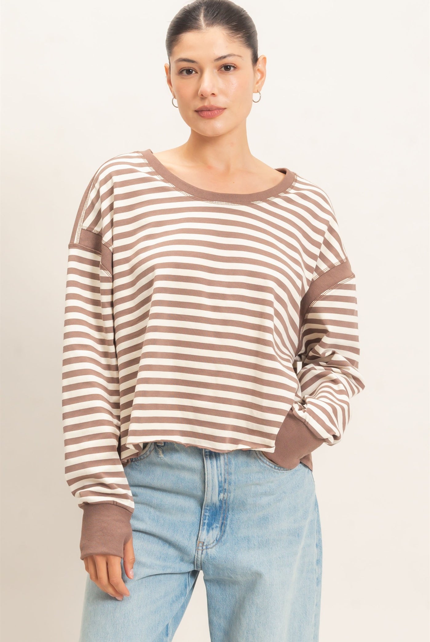 Wholesale Striped Long Sleeve Top Clothing Tops HF26C908-D MOCHA HYFVE