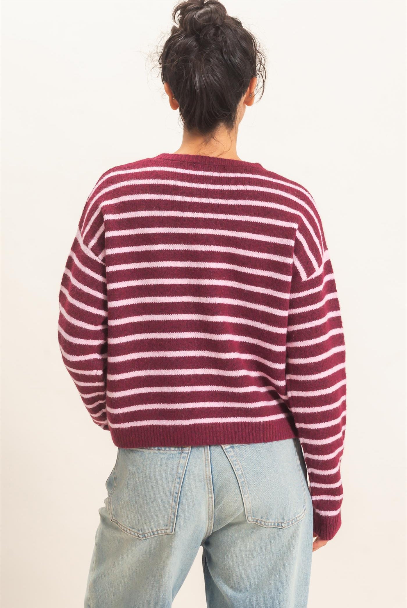 Wholesale Striped Crew Neck Sweater Sweaters DZ26C612 DARK CHERRY DOUBLE ZERO
