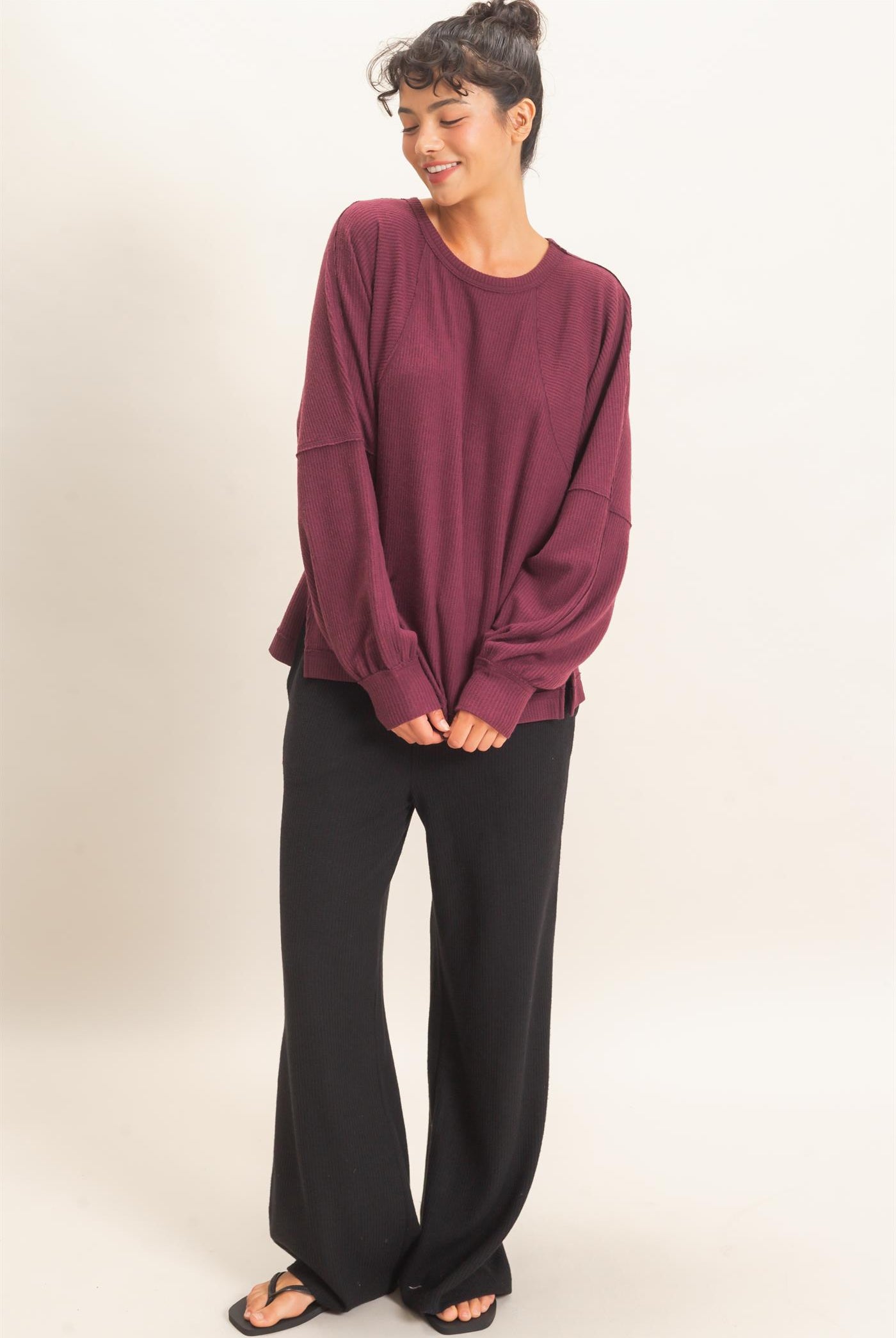 Wholesale Brushed Waffle Long Sleeve Top Clothing Tops DZ26F312 DARK CHERRY DOUBLE ZERO