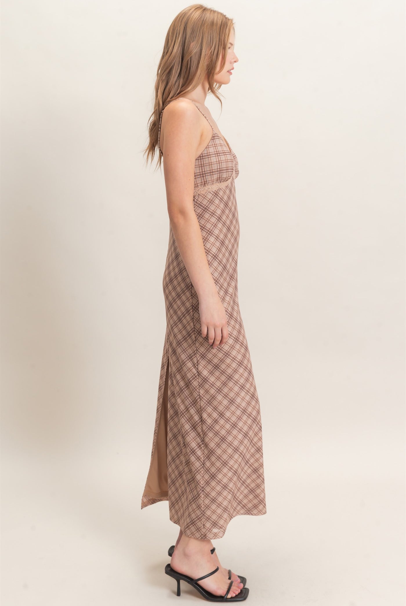 Wholesale Plaid Spaghetti Strap Midi Dress Dresses HF26E709 BEIGE HYFVE