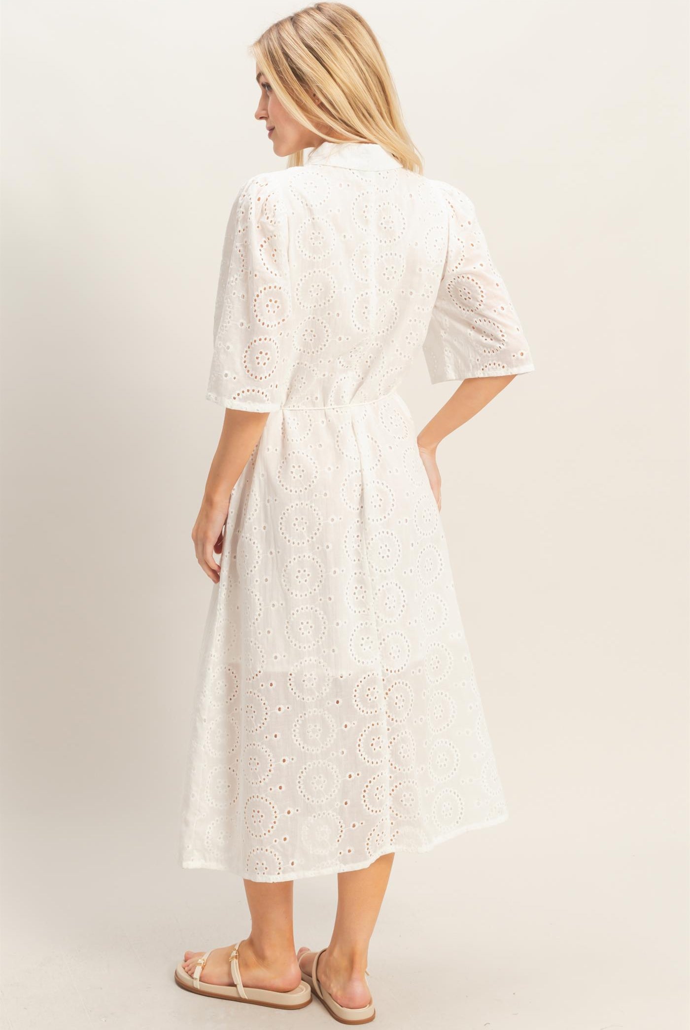 Wholesale Eyelet Collared Midi Dress Dresses HF26A021 WHITE HYFVE