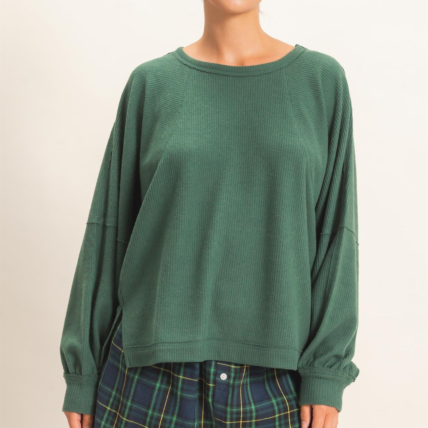 Wholesale Brushed Waffle Long Sleeve Top Clothing Tops DZ26F312 DARK GREEN DOUBLE ZERO
