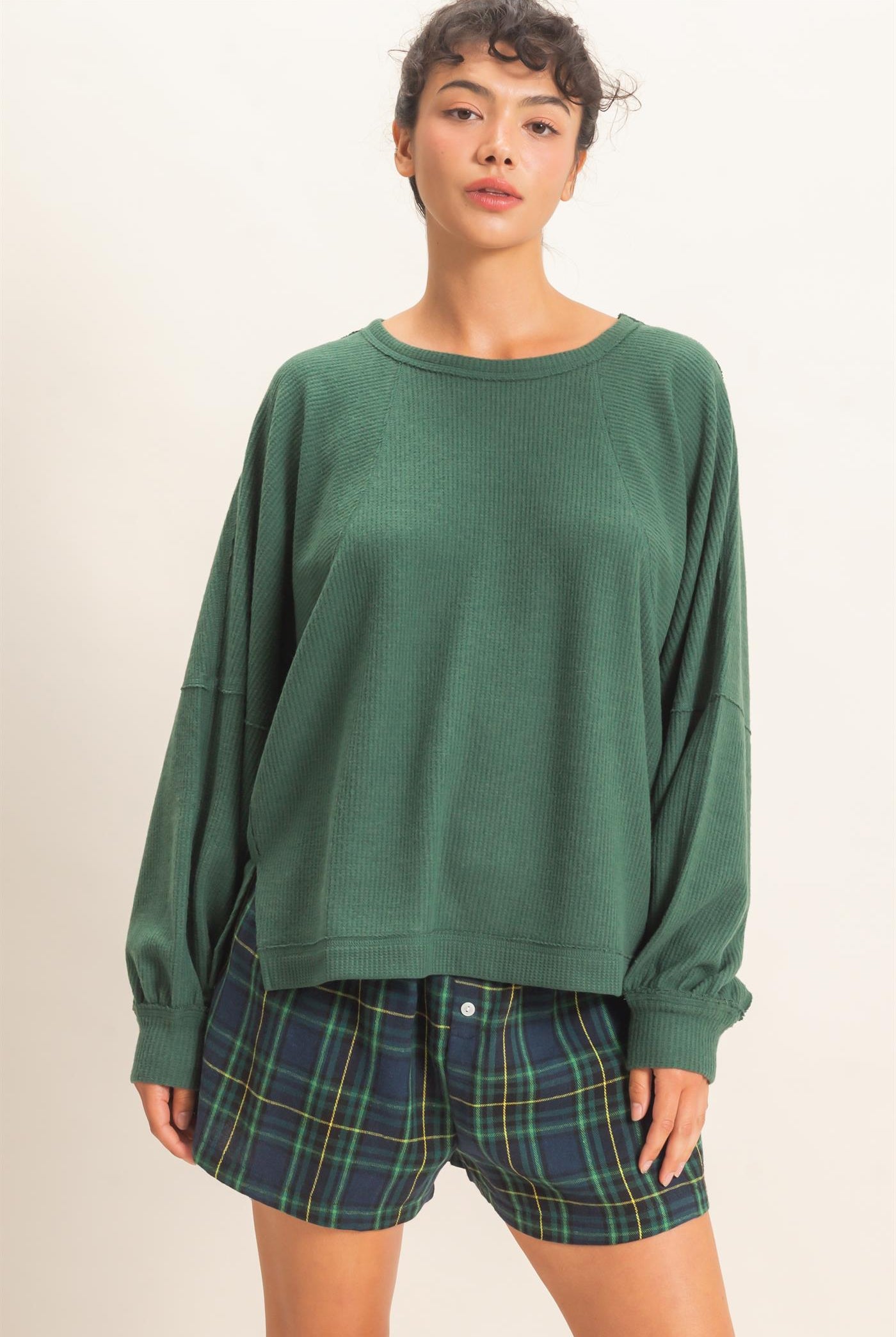 Wholesale Brushed Waffle Long Sleeve Top Clothing Tops DZ26F312 DARK GREEN DOUBLE ZERO