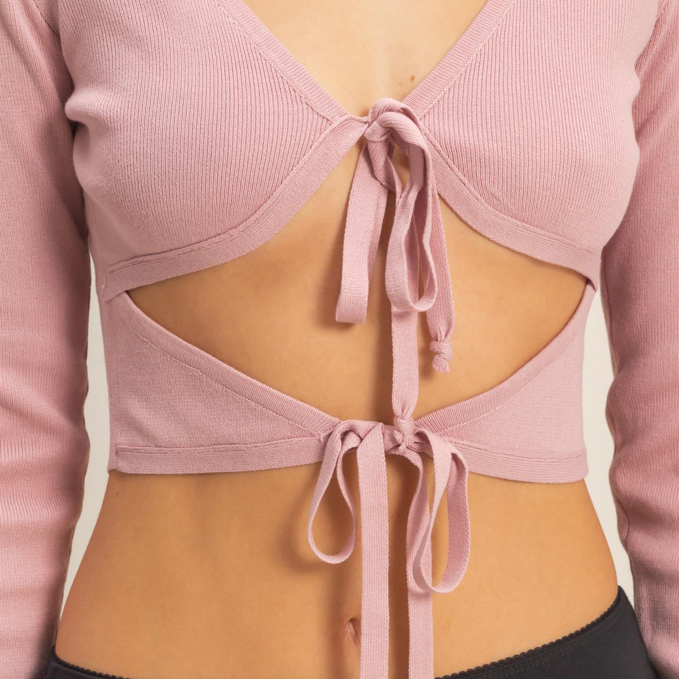 Wholesale Double Tie Cutout Crop Top Clothing Tops HF22C905 MAUVE HYFVE