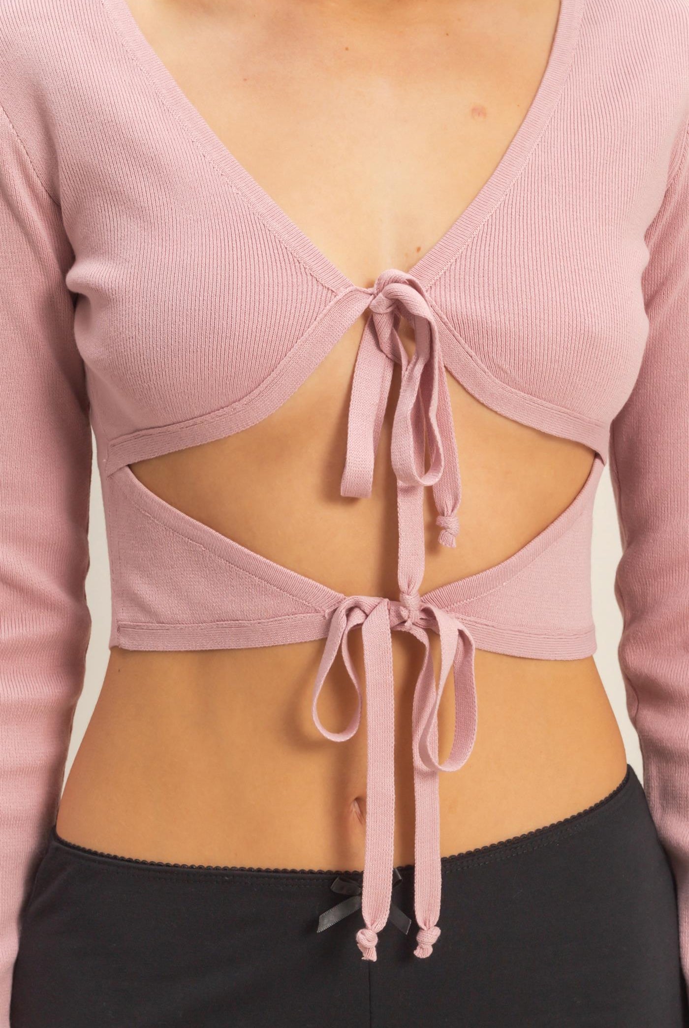 Wholesale Double Tie Cutout Crop Top Clothing Tops HF22C905 MAUVE HYFVE