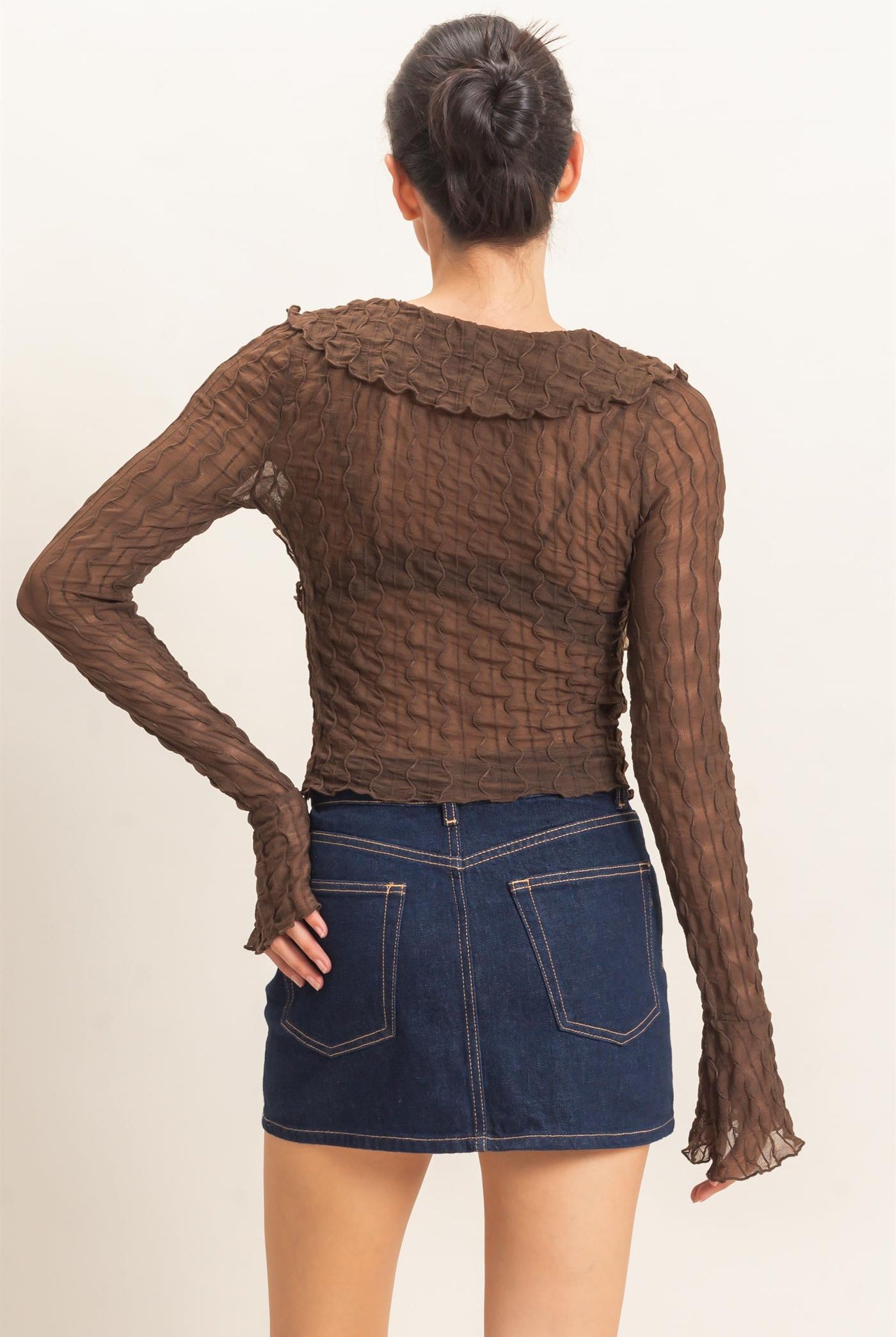 Wholesale Textured V-Neck Tie Front Top Blouses HF26F072 BROWN HYFVE