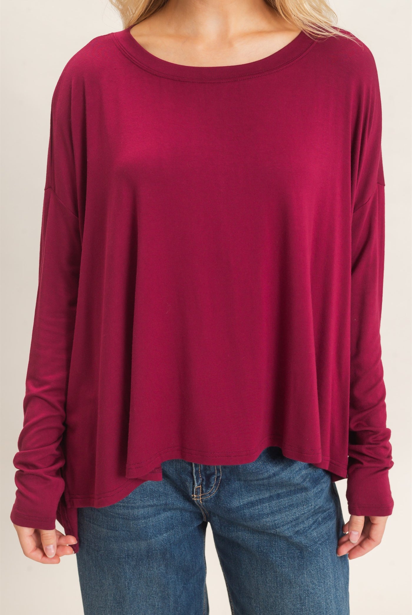 Wholesale Boat Neck Boxy Top Clothing Tops HF26F298 BURGUNDY HYFVE