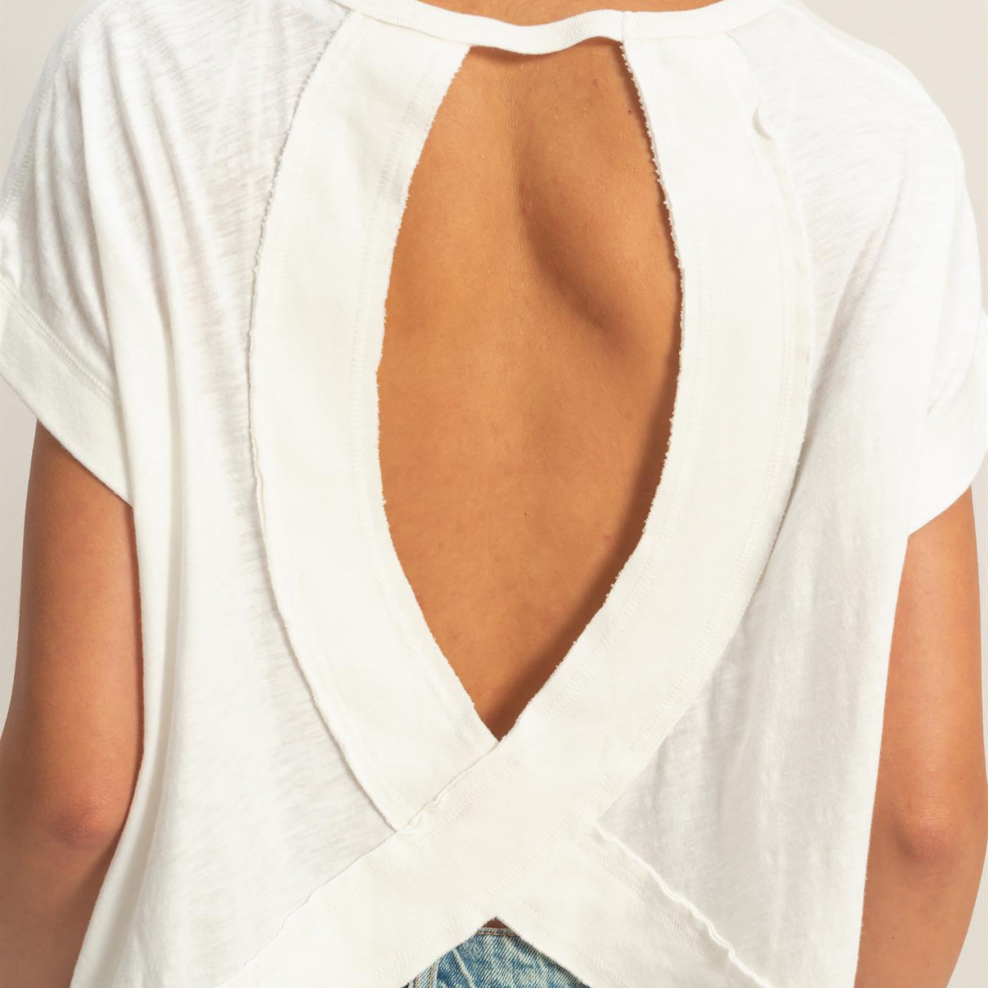 Wholesale Acid Wahsed Cross Detail Open Back Top Clothing Tops DZ26A225 WHITE DOUBLE ZERO