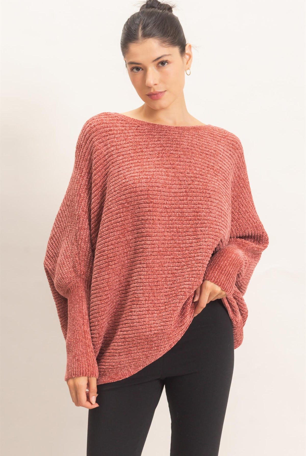 Wholesale Chenille Boat Neck Dolman Sleeve Sweater Sweaters HF26F185 CLAY HYFVE