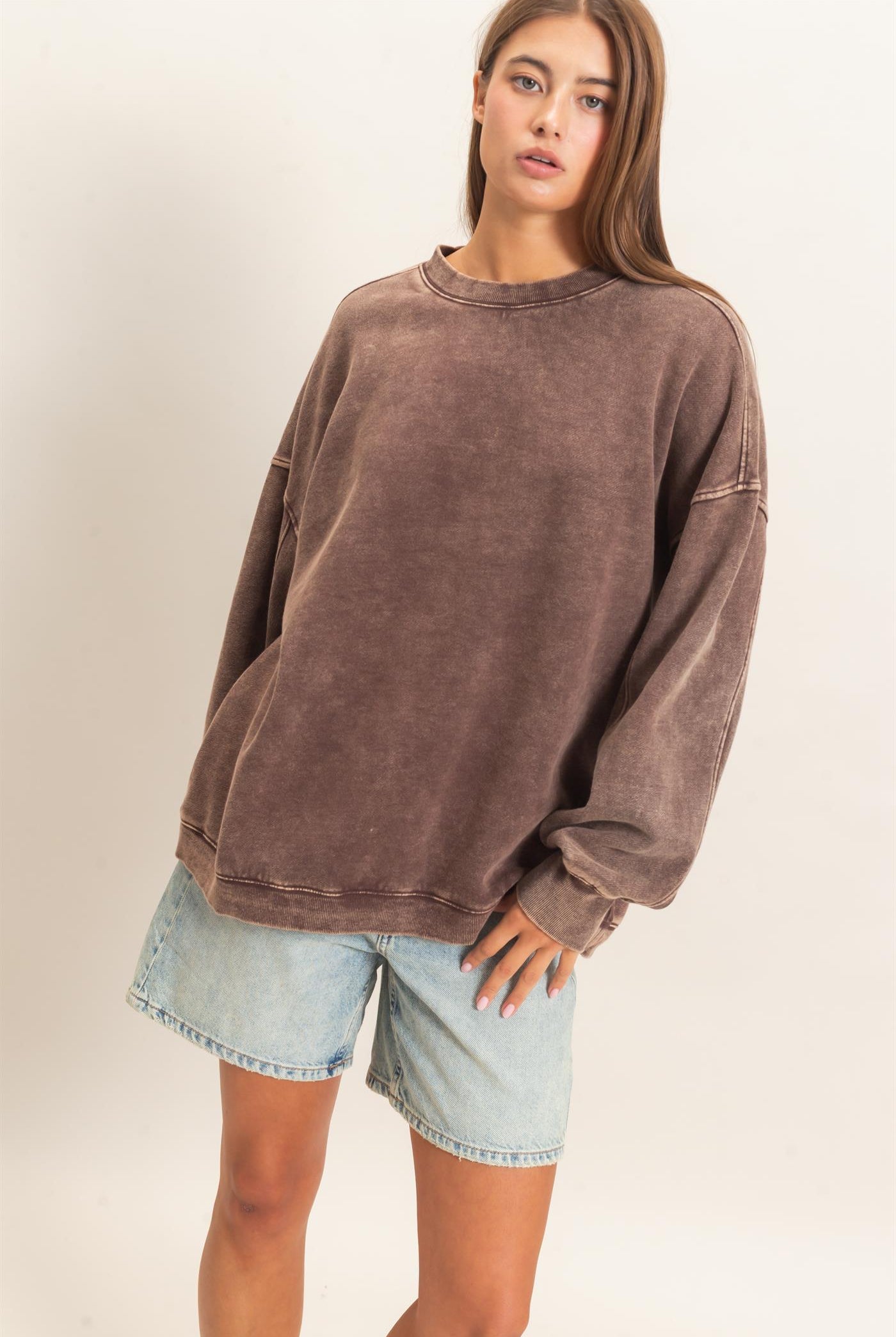 Wholesale Acid Wash Crew Neck Long Sleeve Sweatshirt Sweatshirts DZ26E268 DARK BROWN DOUBLE ZERO