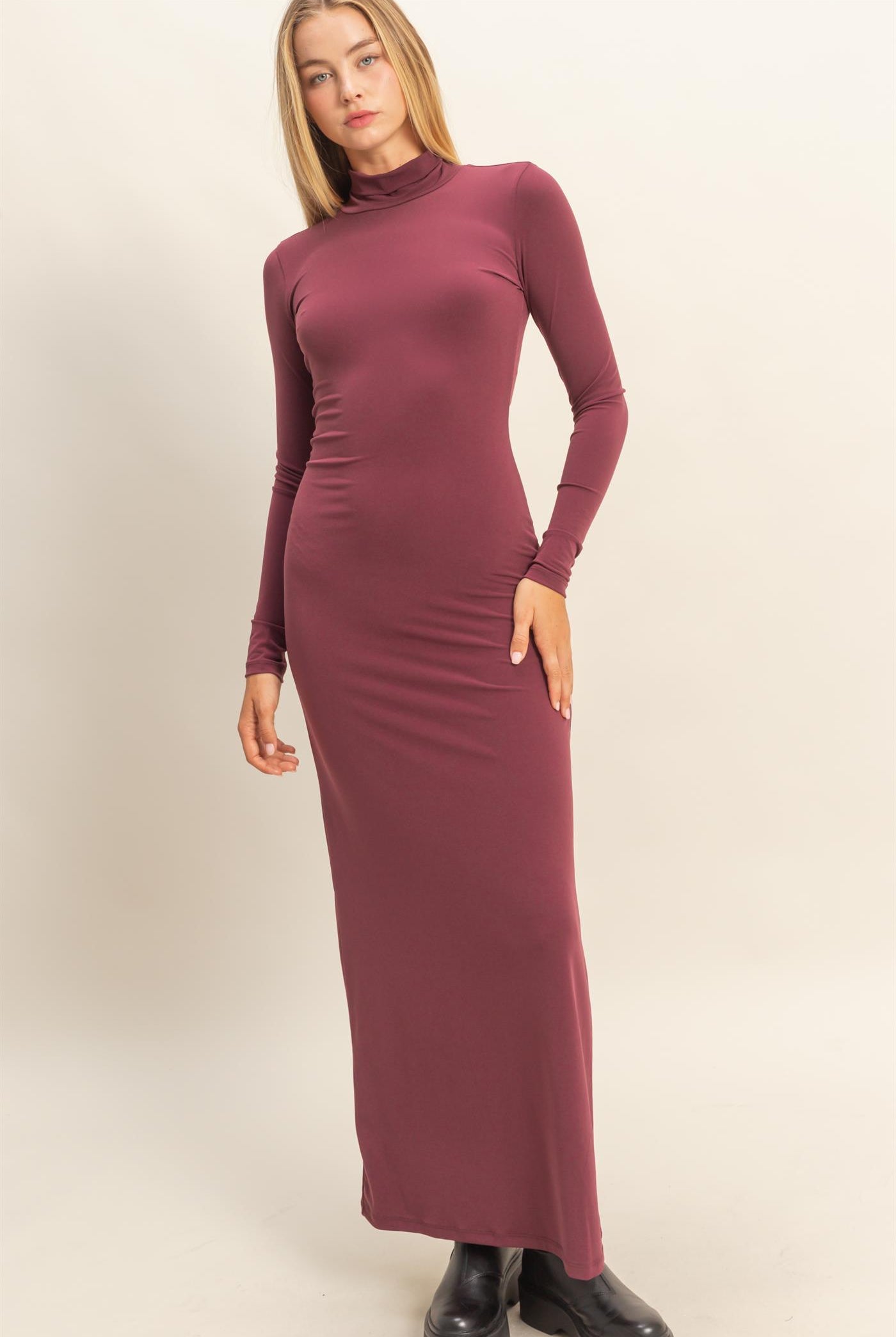 Wholesale Turtleneck Long Sleeve Maxi Dress Dresses DZ25F129 DARK CHERRY DOUBLE ZERO