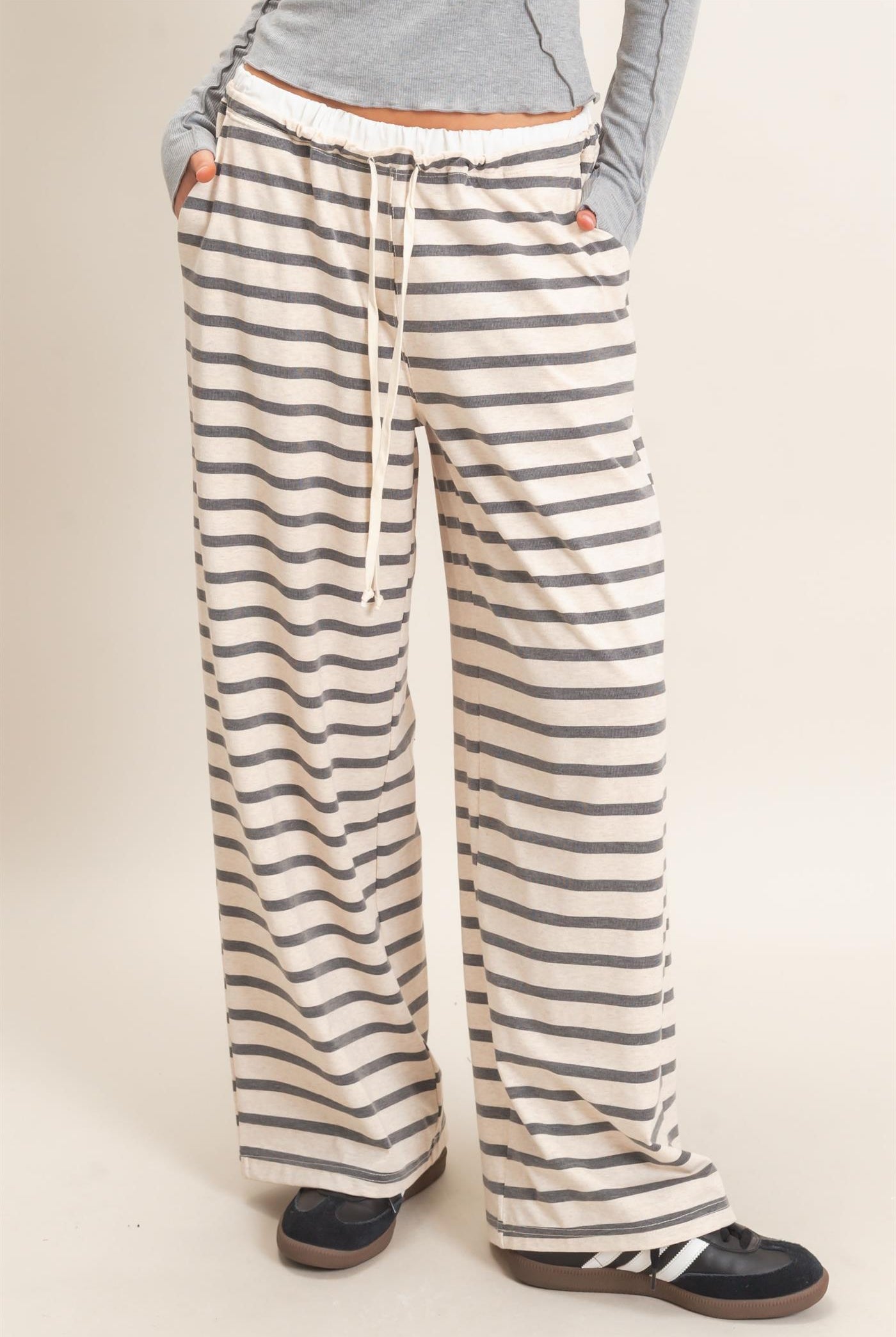 Wholesale Striped Wide-Leg Pants Pants HF26F229-D GRAY/ECRU HYFVE