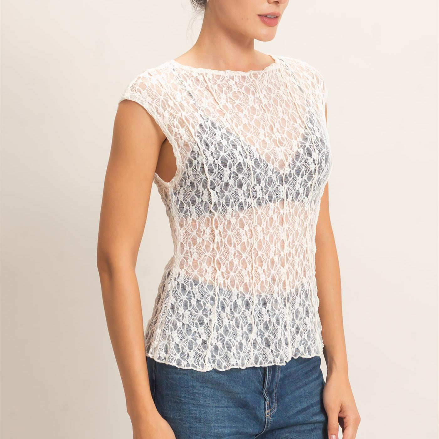 Wholesale Lace Cap Sleeve Top Clothing Tops HF26E672 CREAM HYFVE
