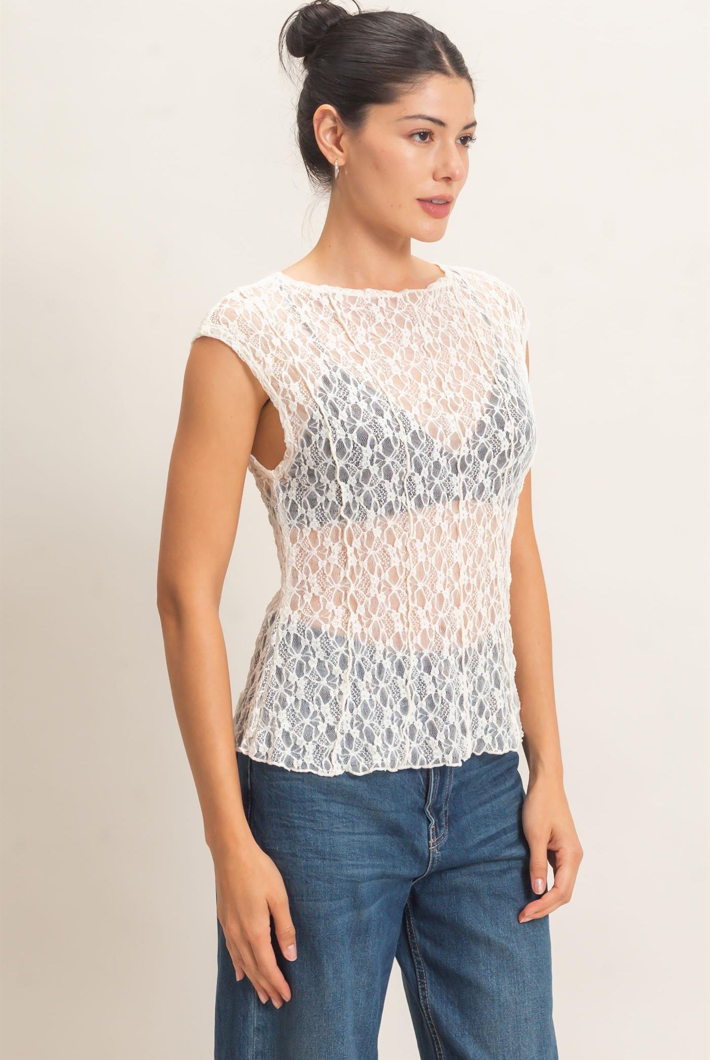 Wholesale Lace Cap Sleeve Top Clothing Tops HF26E672 CREAM HYFVE