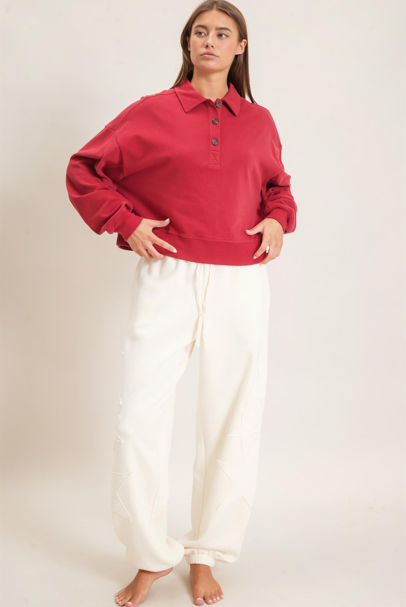 Wholesale Washed Button-Front Collared Sweatshirt Sweatshirts DZ26E390 DARK RED DOUBLE ZERO