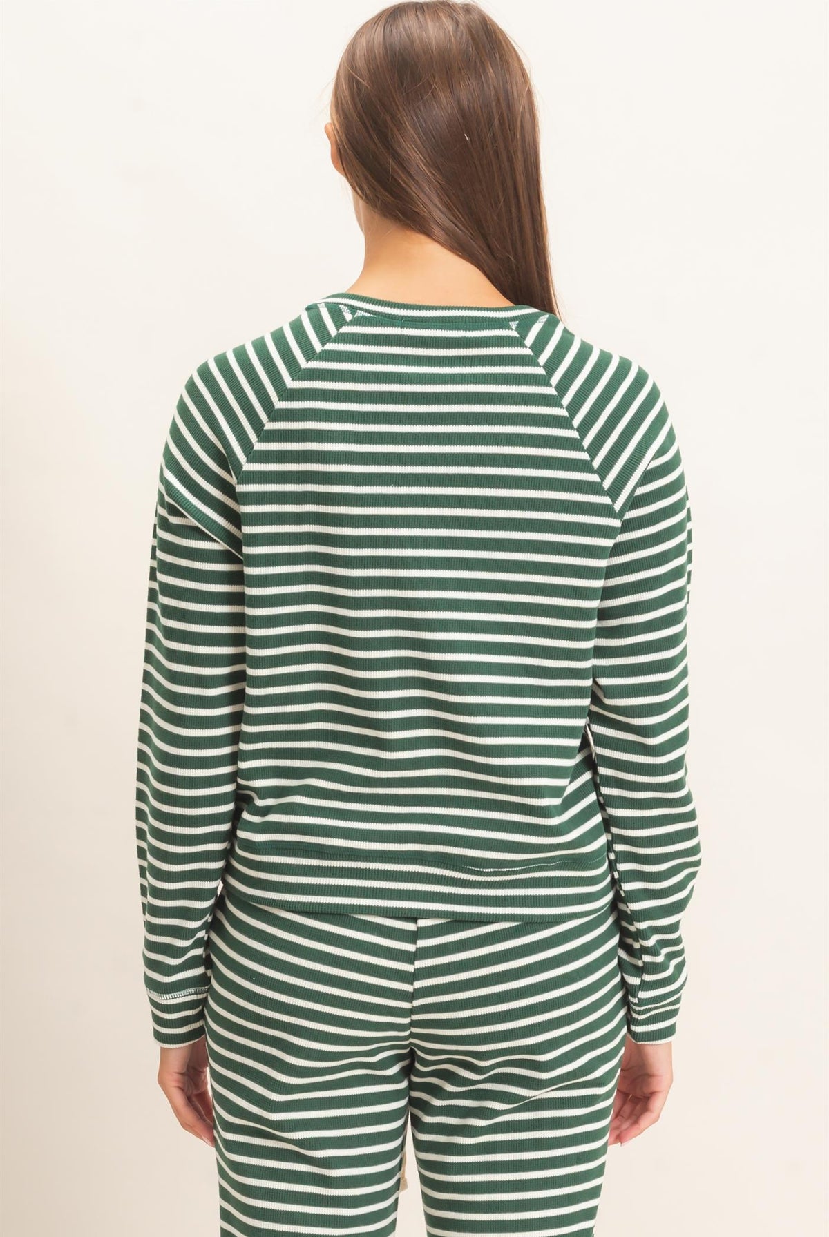 Wholesale Striped Waffle Knit Raglan Top Clothing Tops DZ26E450 DARK GREEN DOUBLE ZERO
