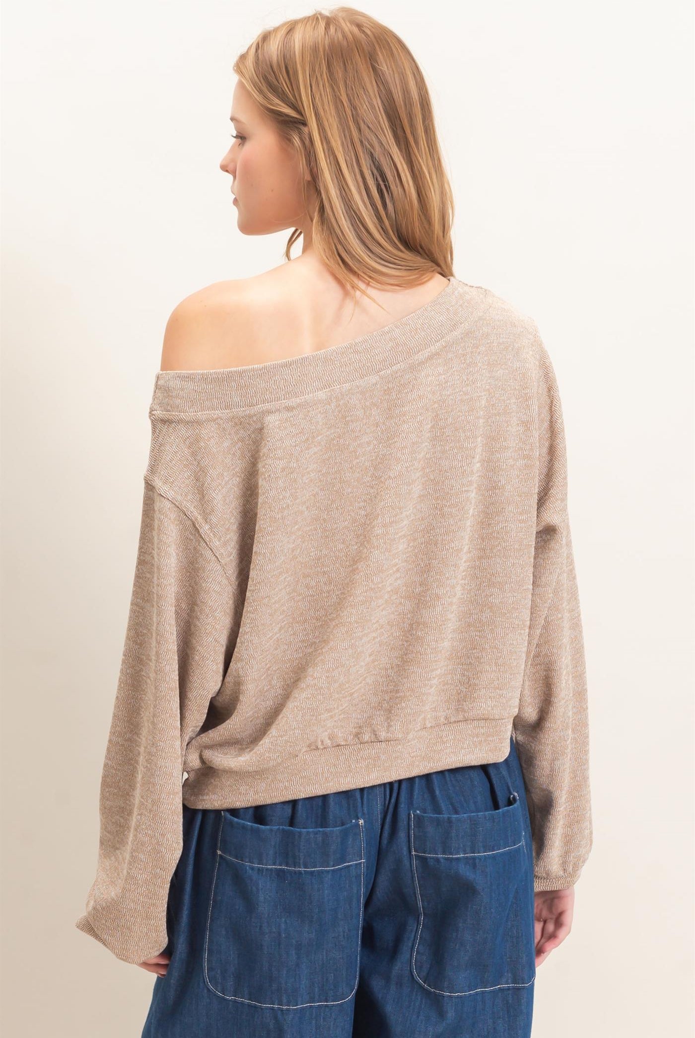 Wholesale Off Shoulder Knit Sweatshirt Blouses HF26F028 TAUPE HYFVE