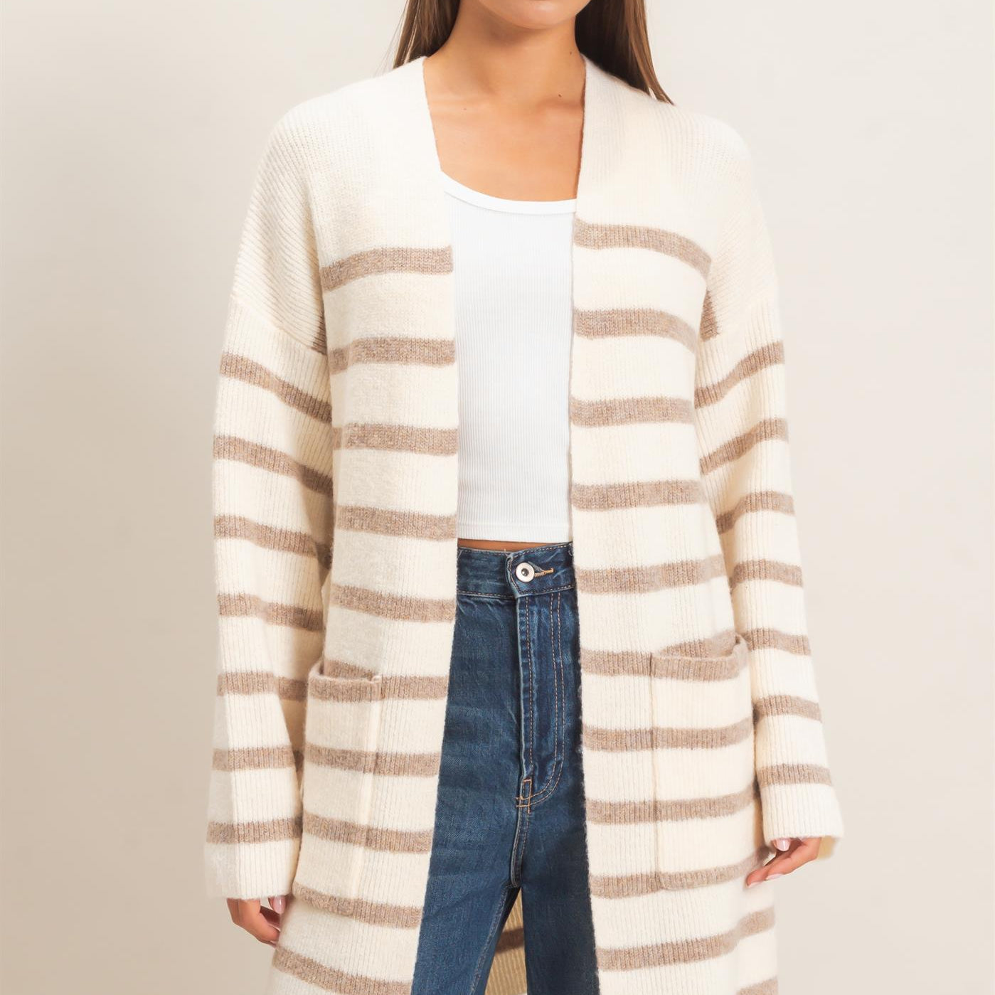 Wholesale Open Front Stripe Cardigan Cardigans DZ26C342 SAND DOUBLE ZERO