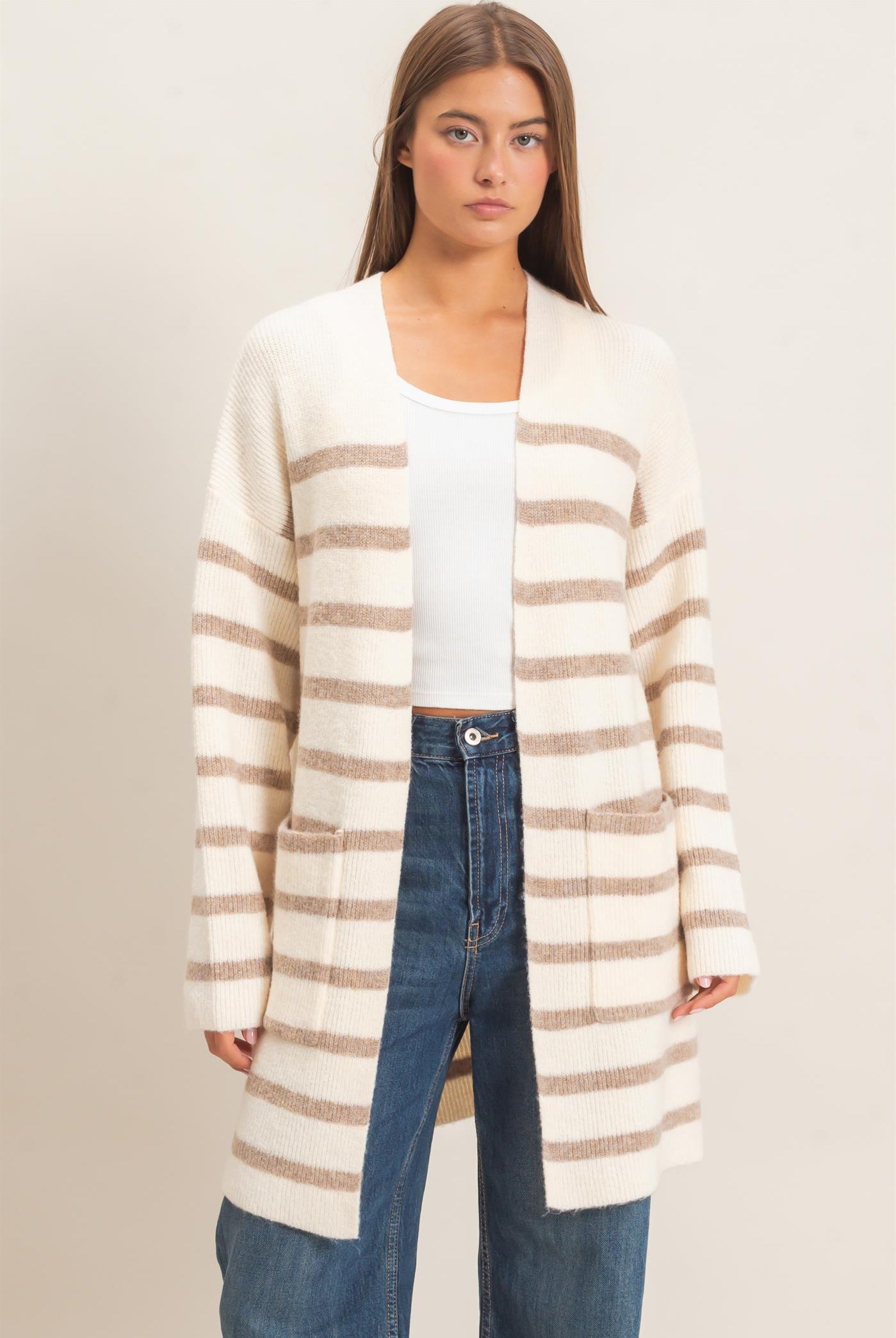 Wholesale Open Front Stripe Cardigan Cardigans DZ26C342 SAND DOUBLE ZERO