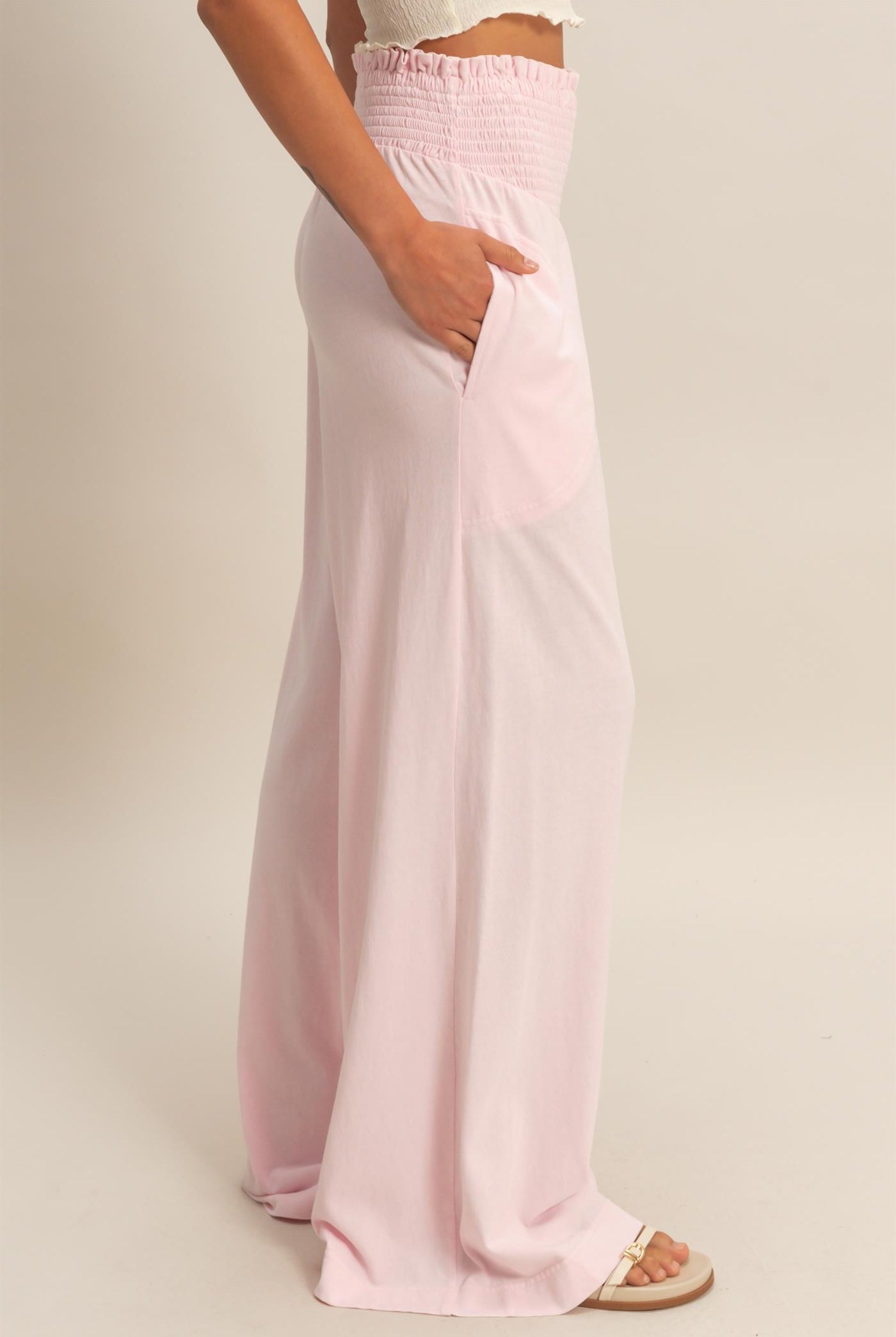 Wholesale Mineral Washed Wide-Leg Smocked Waist Pants Pants DZ26A249 SOFT PINK DOUBLE ZERO