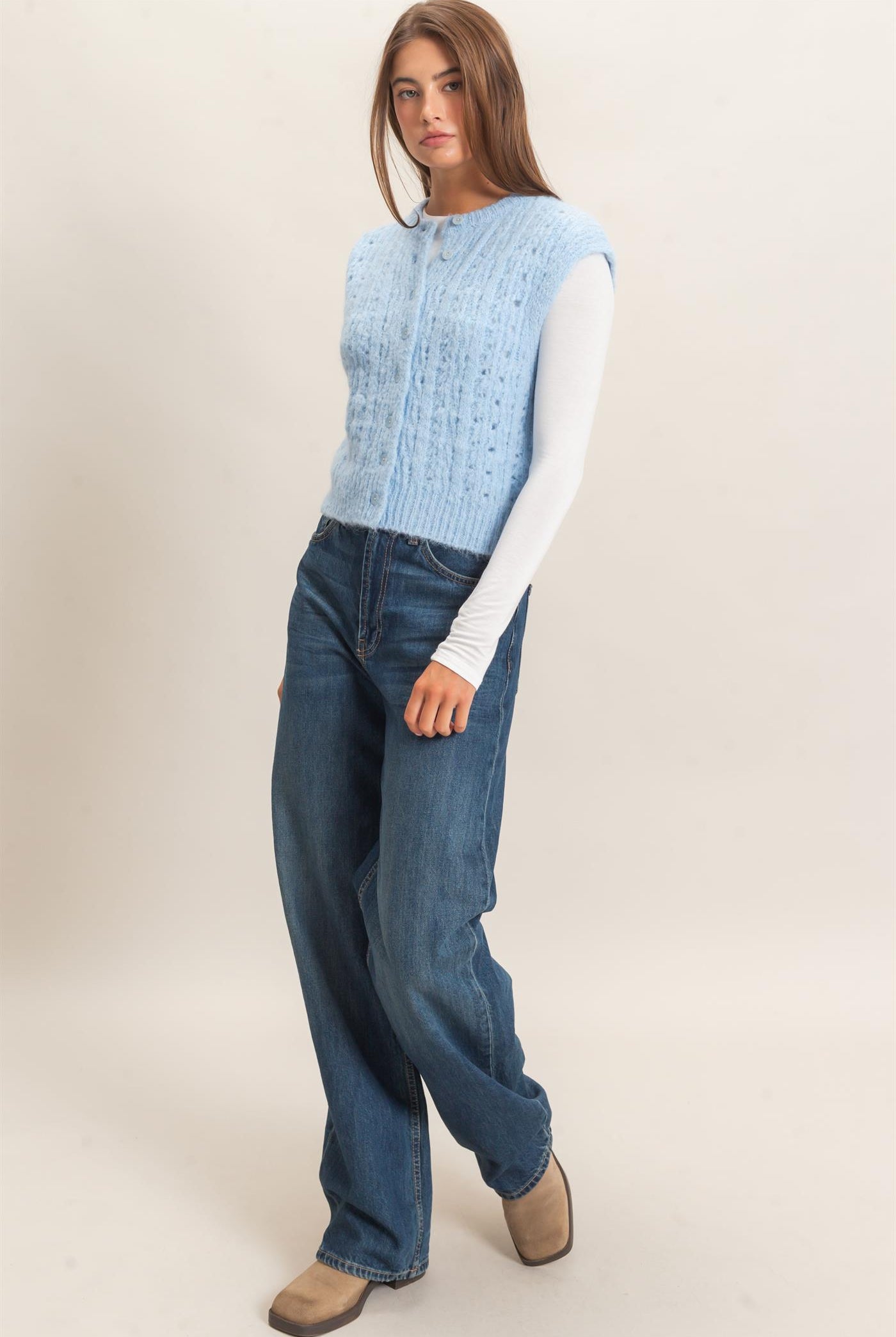 Wholesale Open Knit Sleeveless Button Front Sweater Vest Sweaters DZ26A829 ICE BLUE DOUBLE ZERO