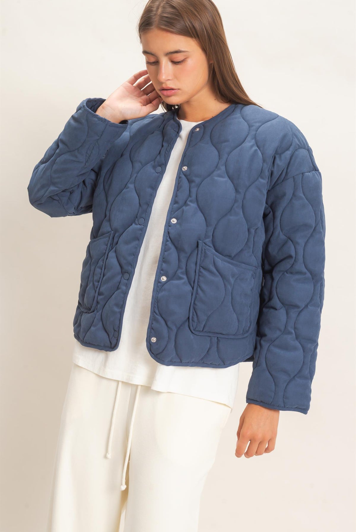 Wholesale Quilted Button Front Jacket Coats & Jackets DZ26F254 NAVY DOUBLE ZERO