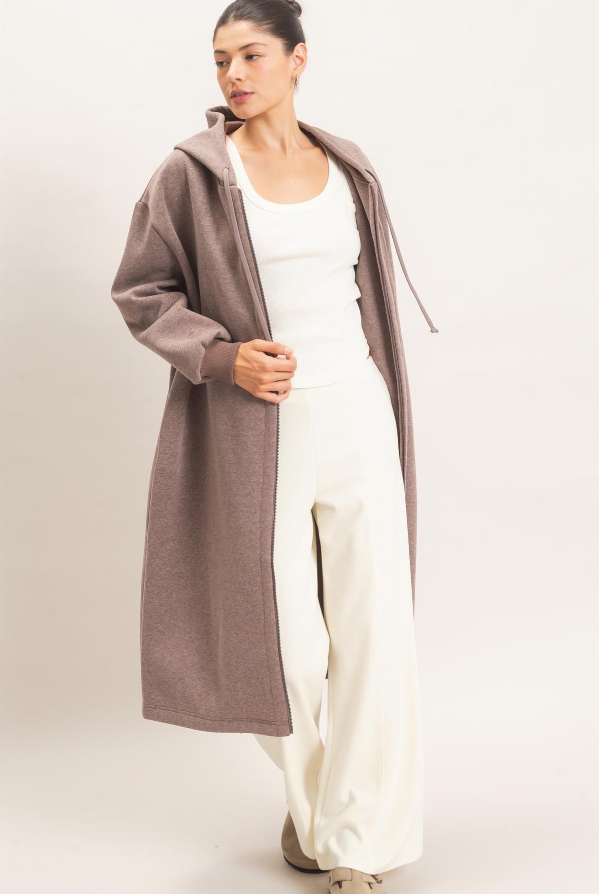 Wholesale Oversized Longline Zip-Up Hoodie Jacket Outerwear HF26E650 WALNUT HYFVE