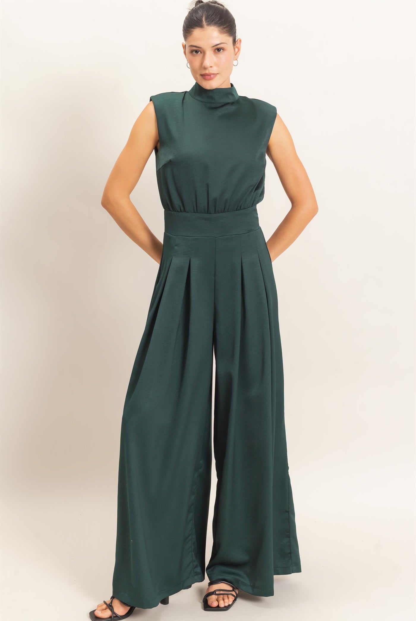 Wholesale Sleeveless Mock Neck Jumpsuit Clothing HF26F209-D D.GREEN HYFVE