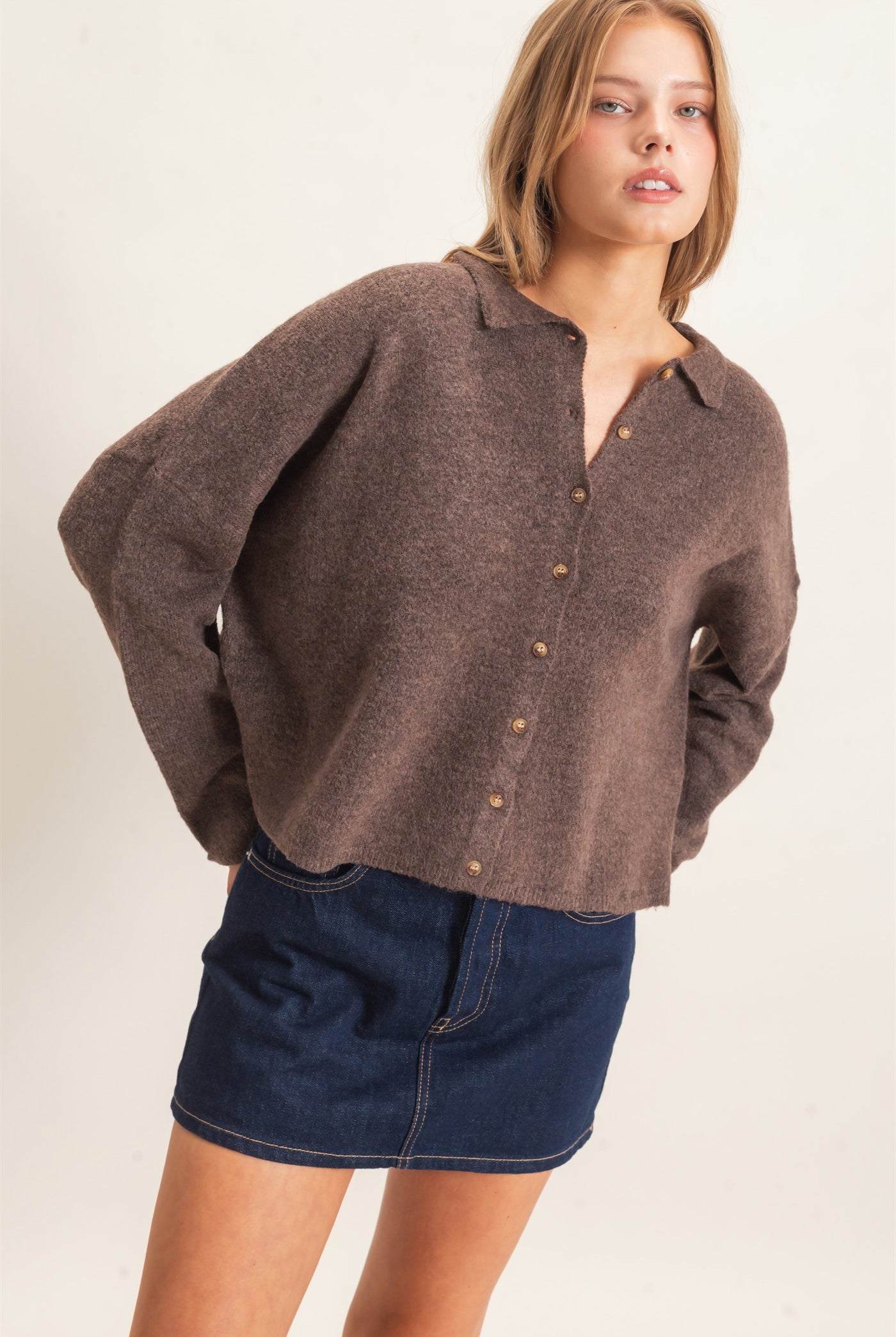 Wholesale Button-Up Collared Sweater Cardigan Cardigans HF26E039 BROWN HYFVE