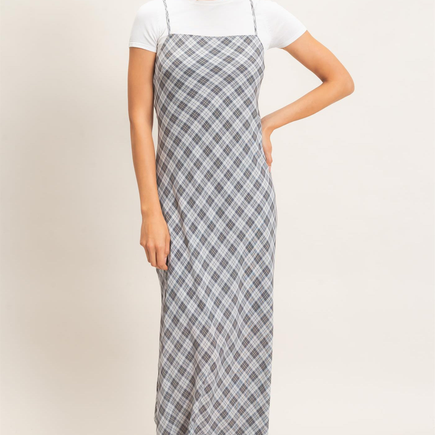 Wholesale Plaid Spaghetti Strap Maxi Dress Dresses HF26E573 GRAY HYFVE