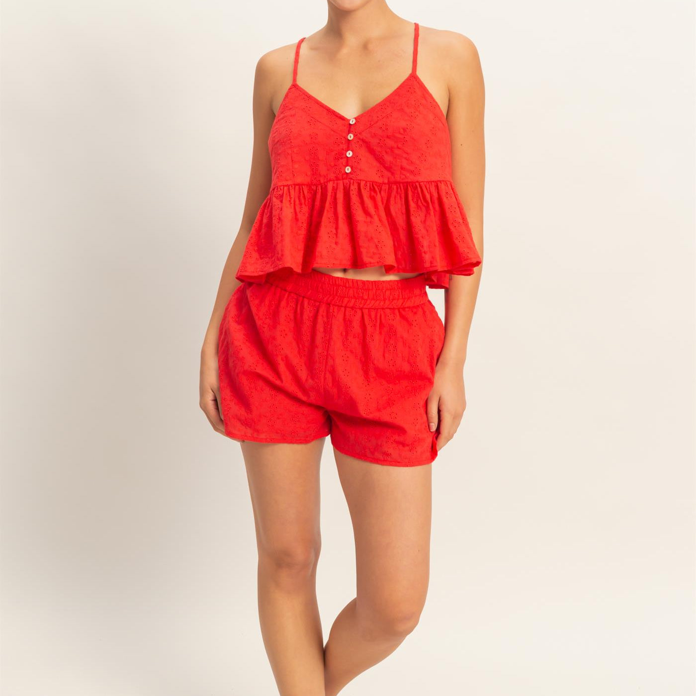 Wholesale Eyelet Elastic Shorts With Pockets Shorts DZ26A782 RED DOUBLE ZERO