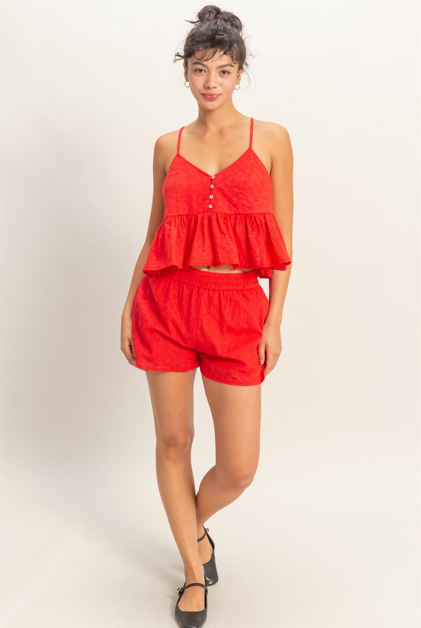 Wholesale Eyelet Elastic Shorts With Pockets Shorts DZ26A782 RED DOUBLE ZERO