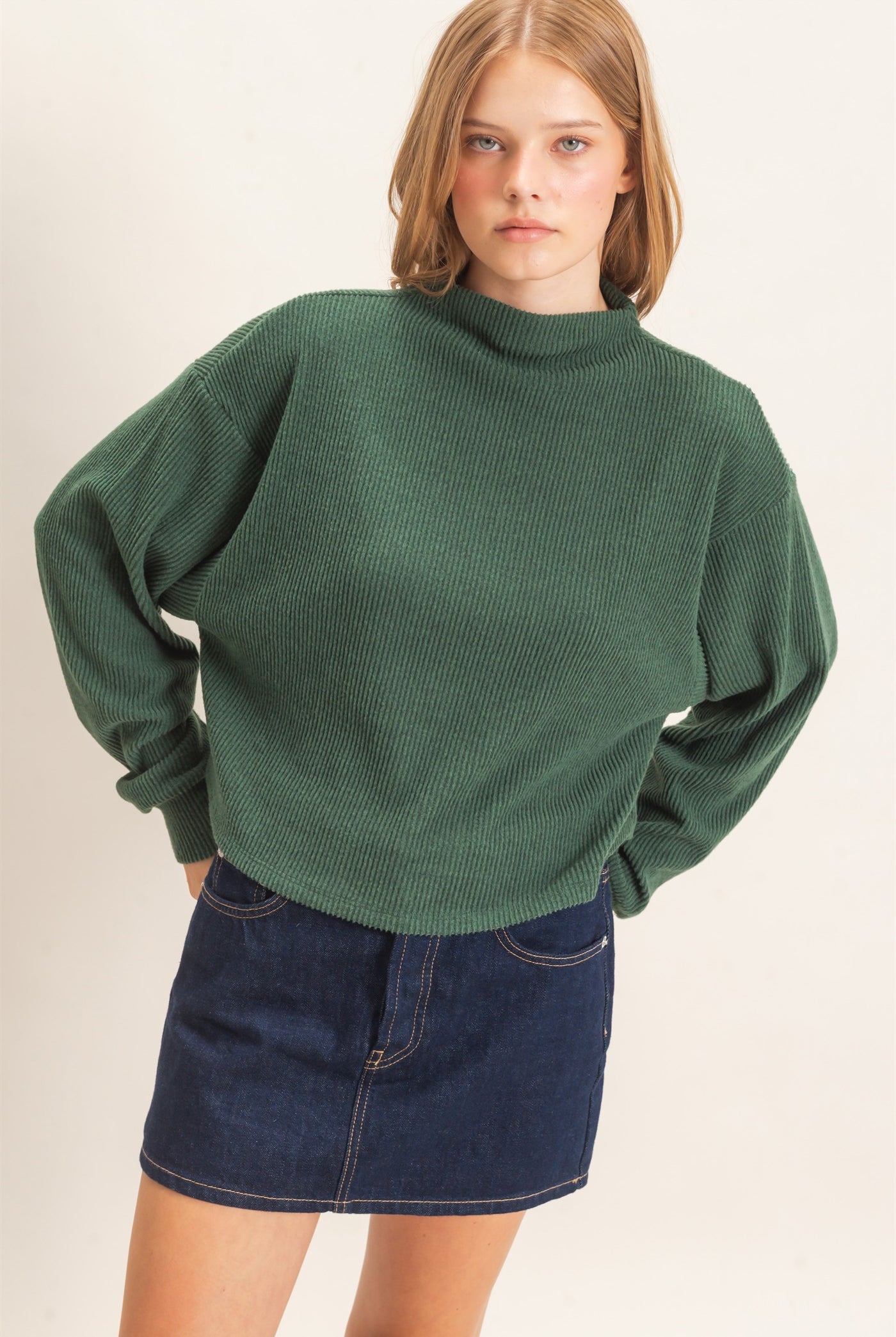 Wholesale Ribbed Mock Neck Top Clothing Tops HF26F030 GREEN HYFVE