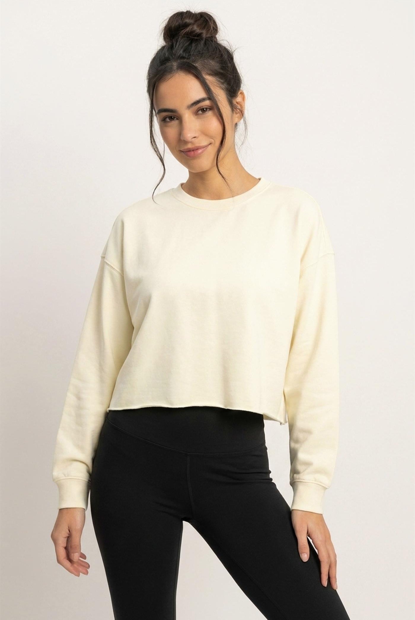 Wholesale Mineral Wash Raw Hem Cropped Sweatshirt Sweatshirts DZ26C968 CREAM DOUBLE ZERO