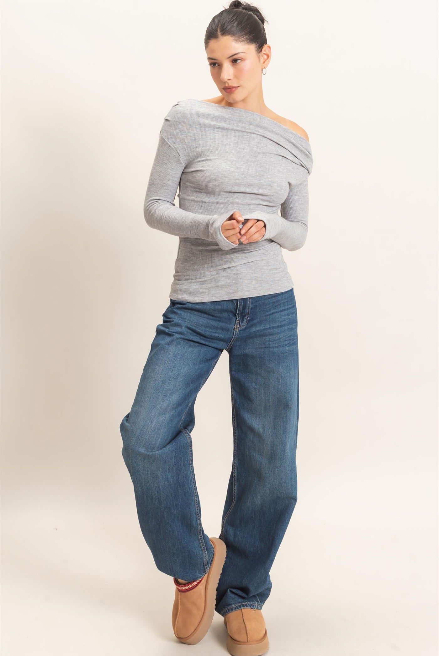 Wholesale Asymmetrical Off-Shoulder Top Clothing Tops HF26E377 HEATHER GRAY HYFVE