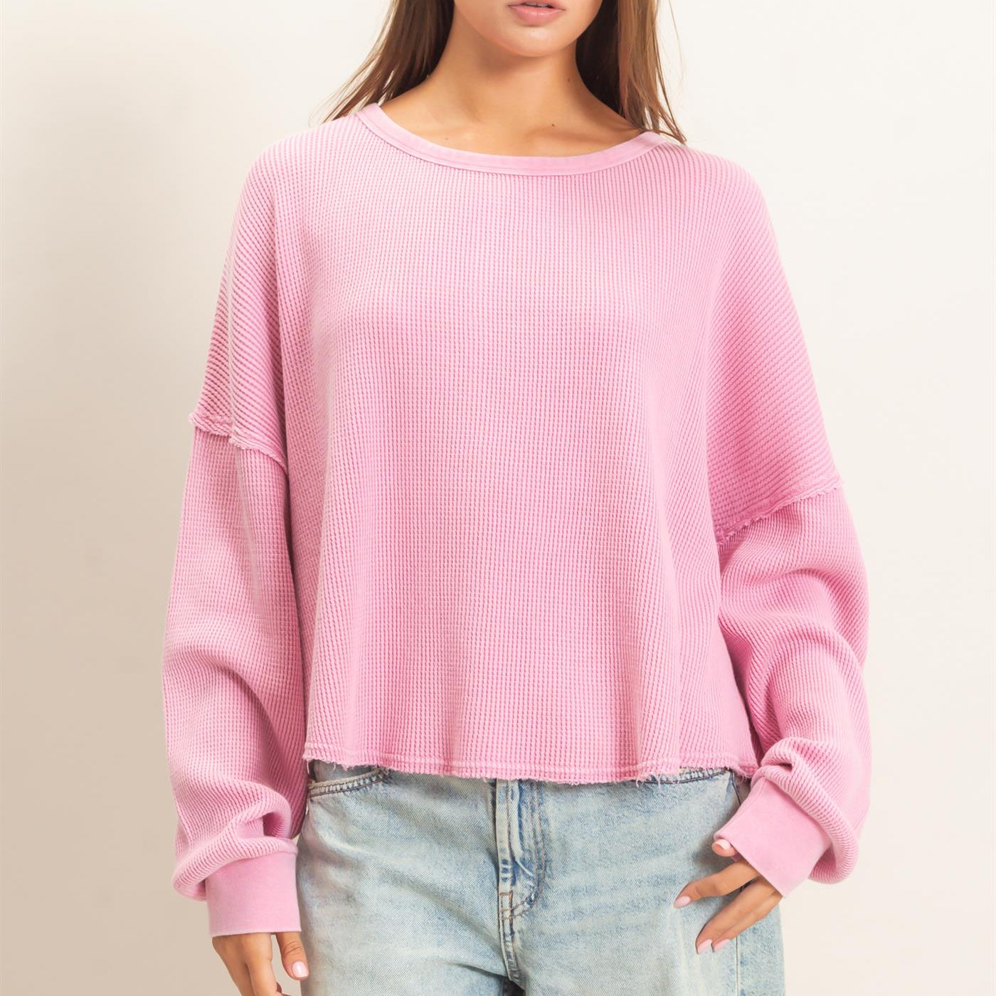 Wholesale Mineral Wash Waffle Oversized Top Clothing Tops DZ26E248 PINK DOUBLE ZERO