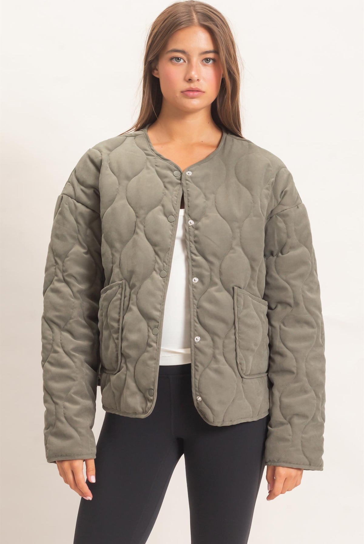 Wholesale Quilted Button Front Jacket Coats & Jackets DZ26F254 OLIVE DOUBLE ZERO