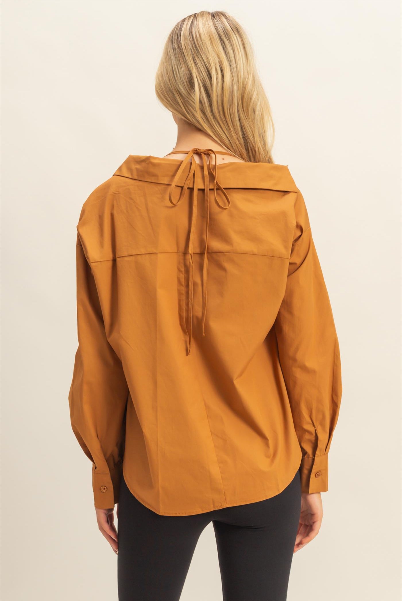 Wholesale Off-The-Shoulder Asymmetrcal Button-Up Shirt Clothing Tops HF22G139 CAMEL HYFVE