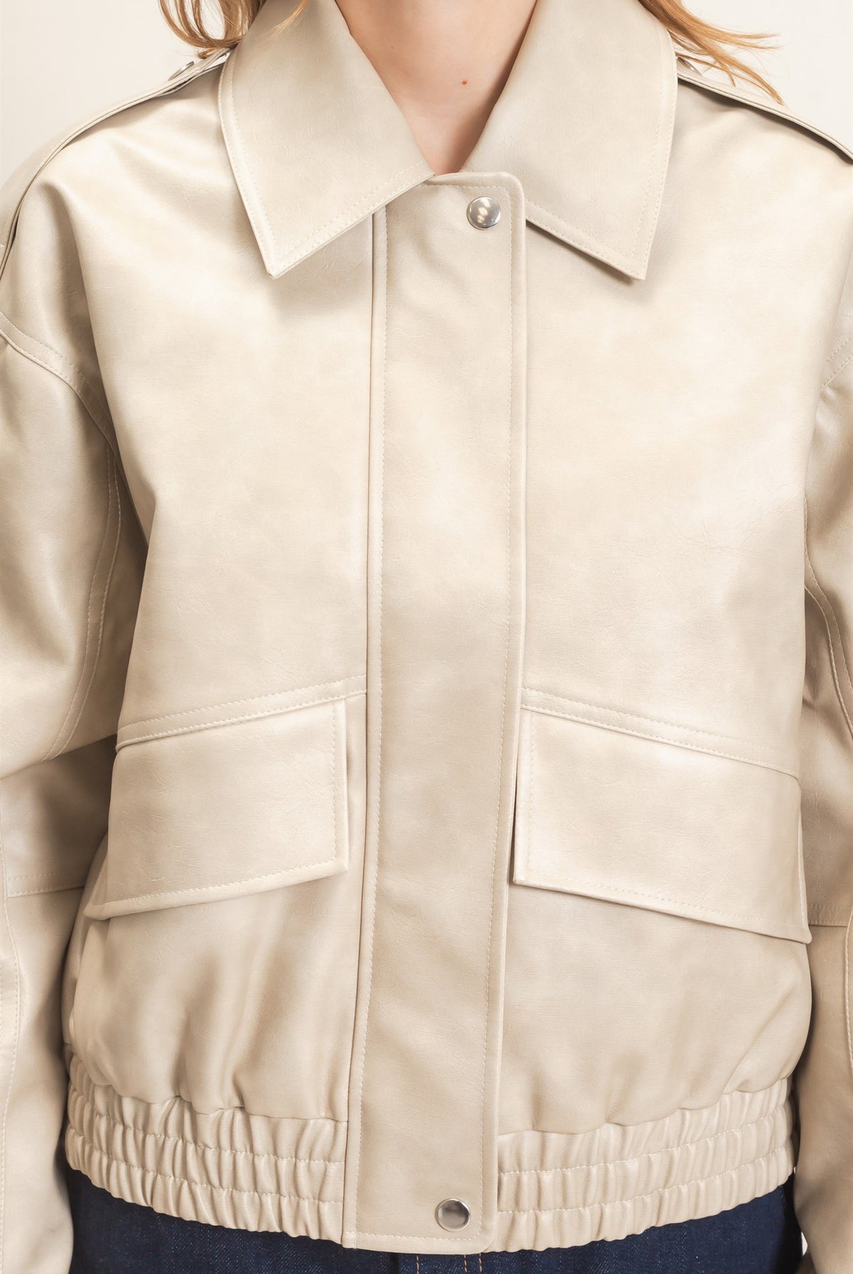 Wholesale Faux Leather Collared Bomber Jacket Bomber Jackets HF26C847 ECRU HYFVE