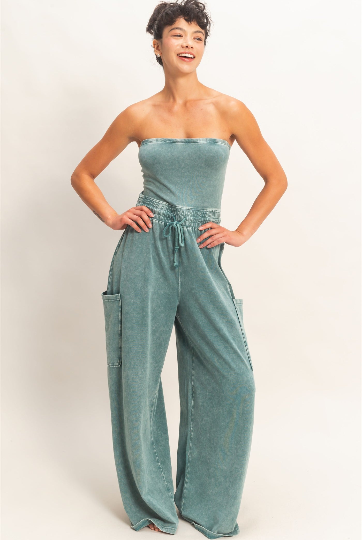 Wholesale Mineral Wash Strapless Wide-Leg Jumpsuit Clothing DZ26C376 DARK TEAL DOUBLE ZERO