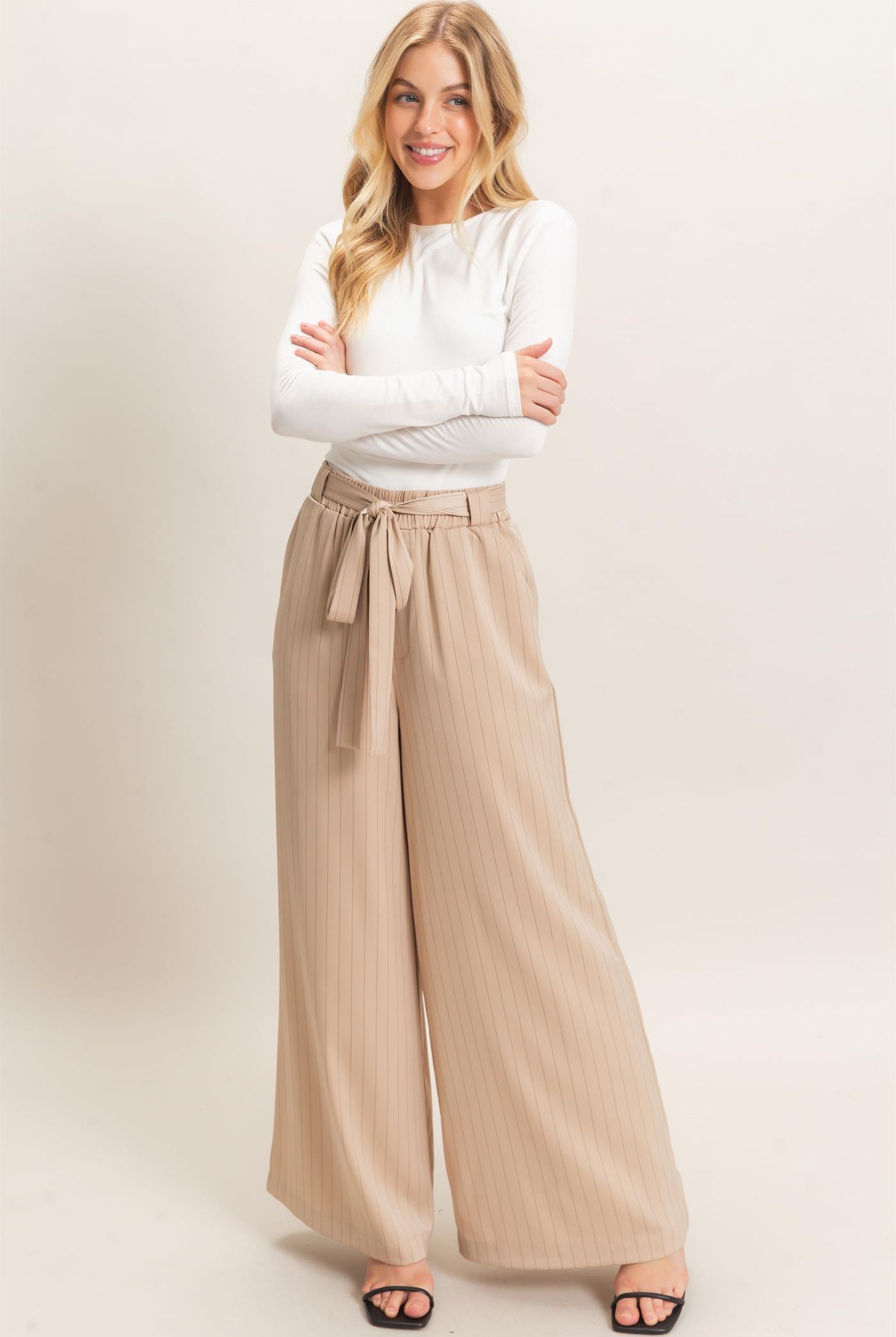 Wholesale Pinstripe Wide-Leg Pants Pants HF25F030 LIGHT TAUPE HYFVE